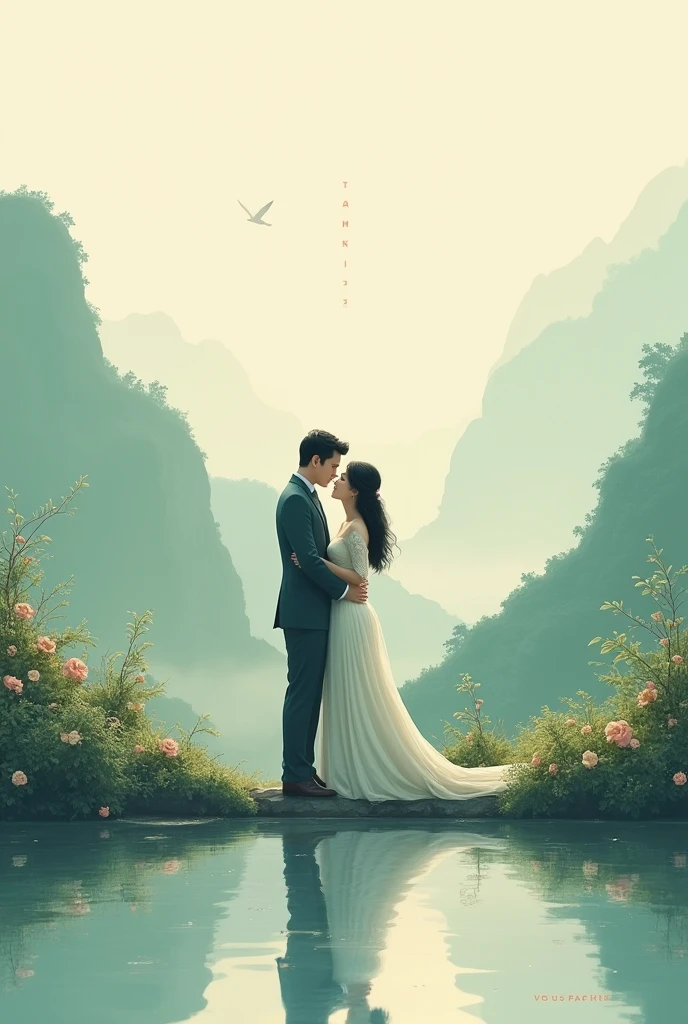 there is a man and woman hugging on a balcony with a mountain in the background, tyler edlin and natasha tan, ruan jia and brom, with mountains in the background, with mountains as background, with mountains in background, ruan jia and fenghua zhong, jordan grimmer and natasha tan, mountains in the background, in front of a forest background
