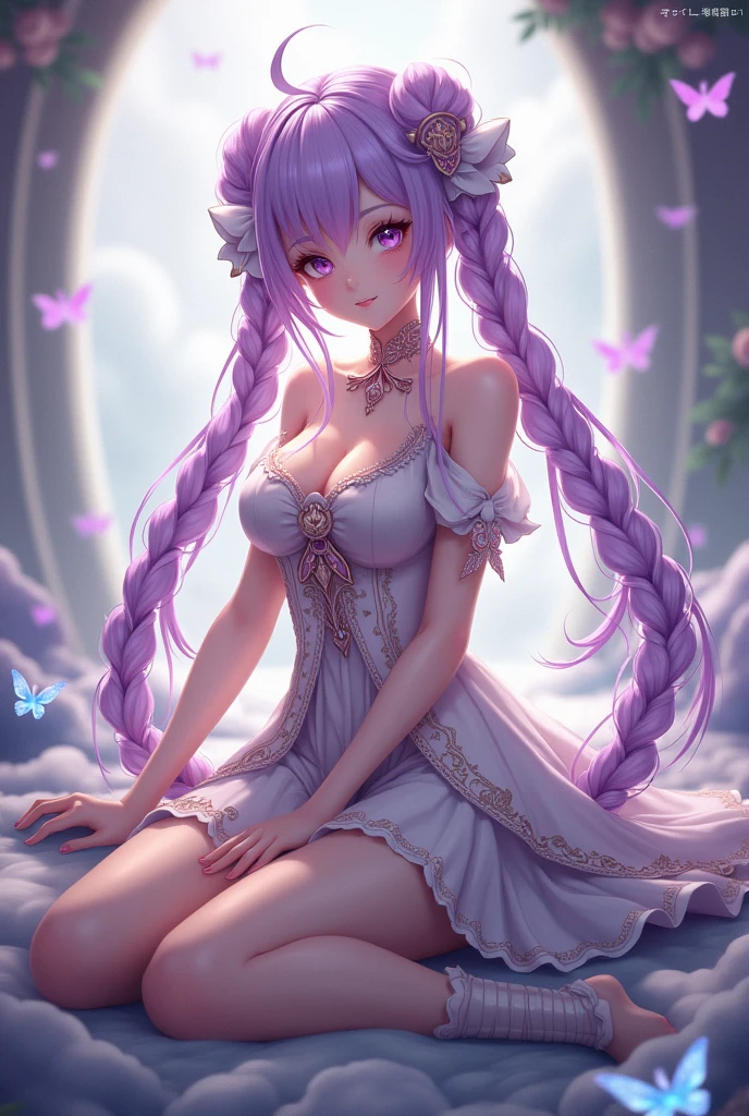 8K, Ultra High Definition, Super detailed, Shiny detailed hair, detailed face, fantasy landscape, solo, looking at viewer, {{best quality}}, {{masterpiece}}, {{ultra-detailed}}, {detailed light}, ultra high quality eyes, detailed eyes, perfect eyes, large eyes, detailed purple eyes, blue hair, long hair, adorned hair, beautiful, skinny body, white skin, slutty, erotic, suggestive, sitting with legs open, open legs, lingerie, in lingerie, blushing, open mouth, ahegao, ((nsfw))