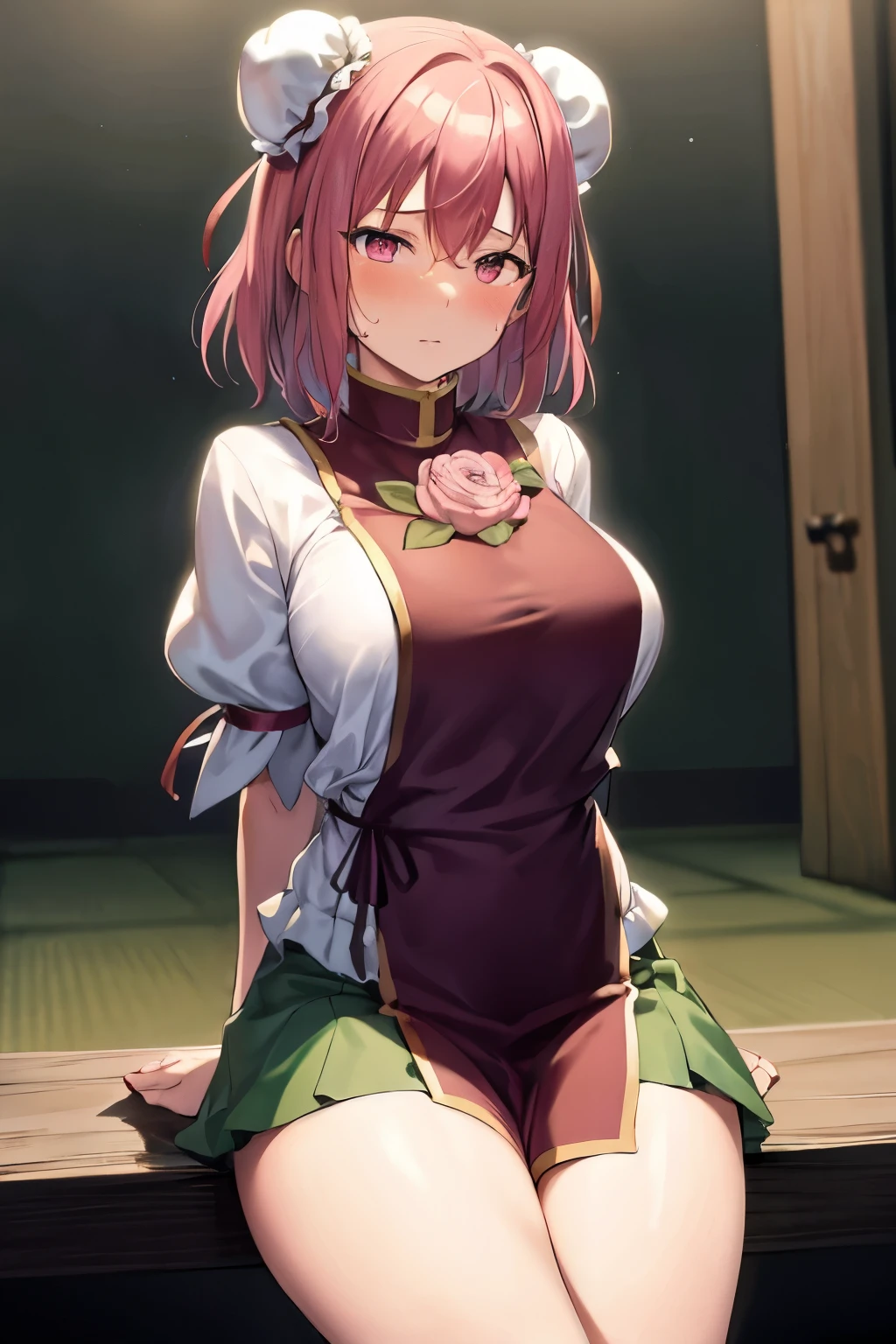 masutepiece, Best Quality, Kasen, Ibaraki, 1girl in, Solo, Double bun,  Pink hair,Short hair,Pink eyes, Flower Tabad,Bandage arm,bow ribbon, Green skirt,  Short sleeves, Puffy sleeves, chinese clothes, Shackles, chain, Shirt, (Best Quality, masutepiece:1.2), 超A high resolution, (((((hands tied behind))))), (((arms behind back))), large full breasts, Exquisite details and textures, Dusty air, 1girl in, Detailed face, Solo, Looking at Viewer, Cowboy Shot, wariza, Sitting on the floor, Shy, blush, full of sweat, Ultra Detail, Thighs together, Concrete floors, Concrete walls, in a basement, underground room, Indoors, Surreal, Insanely detailed, Detailed face, extremely detailed texture, (Shiny hair:1.05), (Shiny skin:0.97), (Big eyes:0.95),