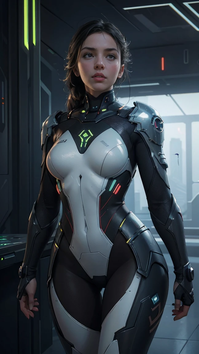 a lovely woman portraying darth vader, tight combat suit, scary helmet, many indicator lights, on a scifi space ship, alluring and deadly, 1girl, hyper detailed, photorealistic, cinematic lighting, dramatic, dark sci-fi, dramatic color scheme, moody, chiaroscuro, digital art