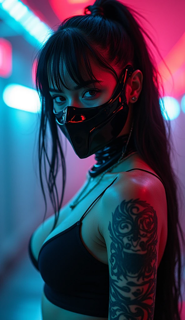 Captivating, enigmatic portrait of a striking, cyber-punk inspired figure shrouded in an aura of neon-tinged mystery. The subject's piercing gaze, concealed behind a sleek, high-tech mask, exudes a sense of primal, untamed power that is underscored by the feminine allure of her toned, tattooed physique.

The dramatic, high-contrast lighting and vibrant, electric-hued environment lend the scene a palpable atmosphere of futuristic, dystopian tension. The overall composition and styling evoke the bold, boundary-pushing aesthetics of renowned digital artists like Yoshitaka Amano, Syd Mead, and Moebius, blending elements of high-tech sci-fi, dark urban grit, and the primal, untamed energy of the natural world.

This captivating portrait crafts a visually striking, narratively-charged scene that lingers in the imagination, inviting the viewer to ponder the enigmatic backstory and boundless potential of this enigmatic, cyborg-like figure. The meticulous attention to detail, the masterful use of light and shadow, and the overall sense of magnetic, cinematic presence make this a truly compelling and visually arresting work.