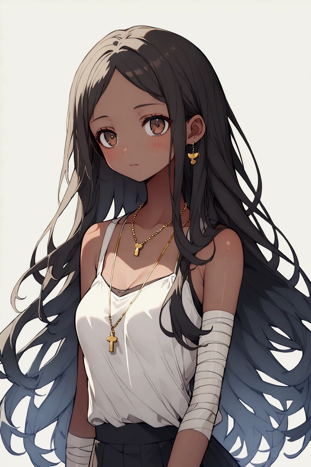 1girl, brown eyes, black hair with blue fade, blue strands in the hair, long hair, skinny waist, medium breasts, tan skin, a gold charm necklace, calm, monotone, young girl, teenager girl, brown skin, pale, wearing a white long shirt, bandages on her arms,