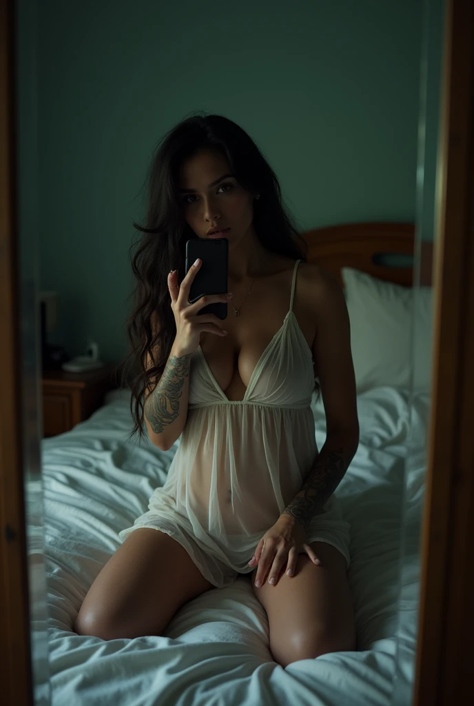 Femme 22 ans, vue de face, telephone a la main, qualité iphone, arrière plan chambre, corps entier, nue, poitrine moyenne, gros tétons, vagin rasé, complètement nue, réaliste, éclairage led rouge,