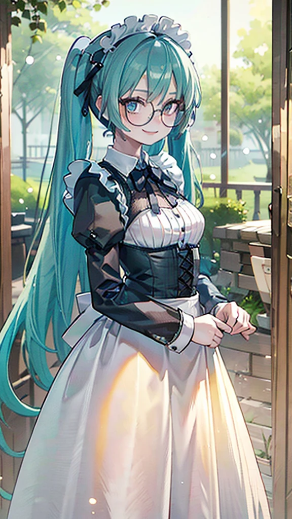 high detail, High definition, 8k, Masterpiece, whole body, Statue, 
front, color々A beautiful spring garden with lots of colorful flowers, Sunlight filtering through the trees, 
Hatsune Miku, victorian maid dress, Looking at this and smiling happily, Glasses, Sunlight filtering through the trees, Lens flare, Particles of light, Bokeh, Depth of written boundary , 
Pale color, pastel colour
