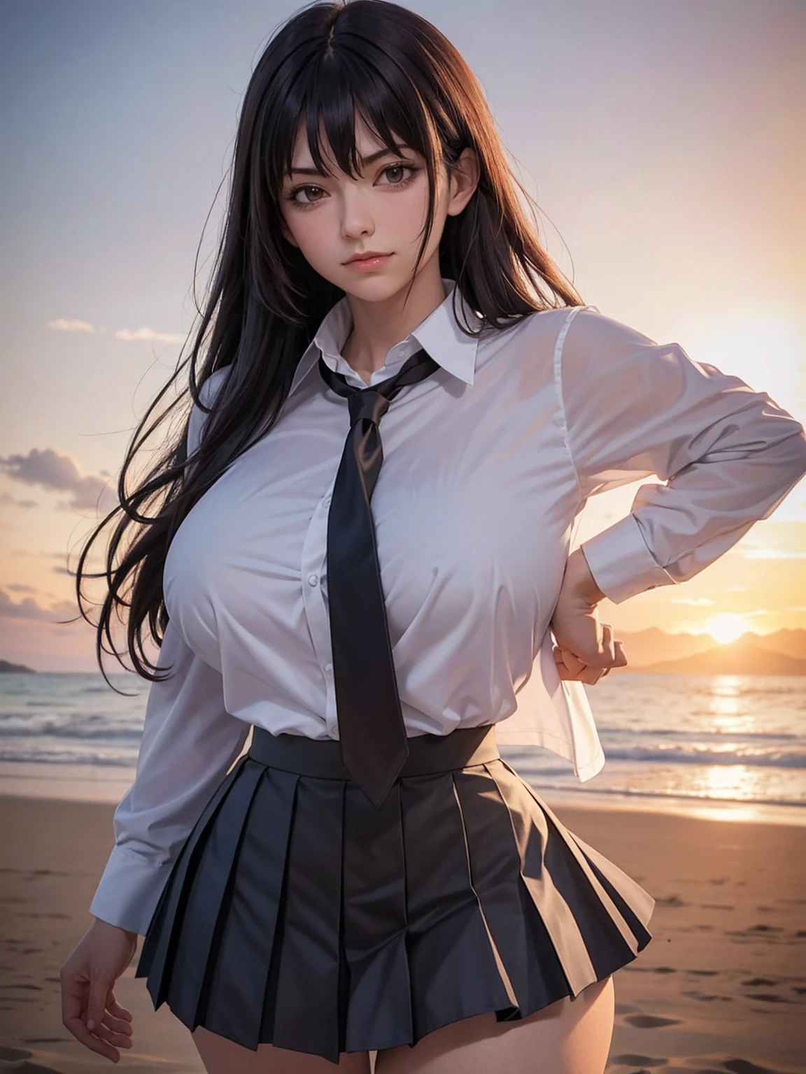 Arya, 1fille, seulement, cheveux longs, yeux bleus, Ahoge, arc, Regarder le spectateur, red bow, veste, bowtie, manches longues, poitrine, chemise ouverte, veste ouverte, red bowtie, par, Tir de cowboy, dedans, Uniforme scolaire, debout, open clothes, jupe courte, frange, robe, veste grise, Robe noire, rougir, pleated skirt, lips parted, seins gros, Pleated dress, chemise blanche, cheveux entre les yeux, veste blanche, Levez la main, blazer, Jupe noire, Cuisses, ouvert par, at the beach, real effect