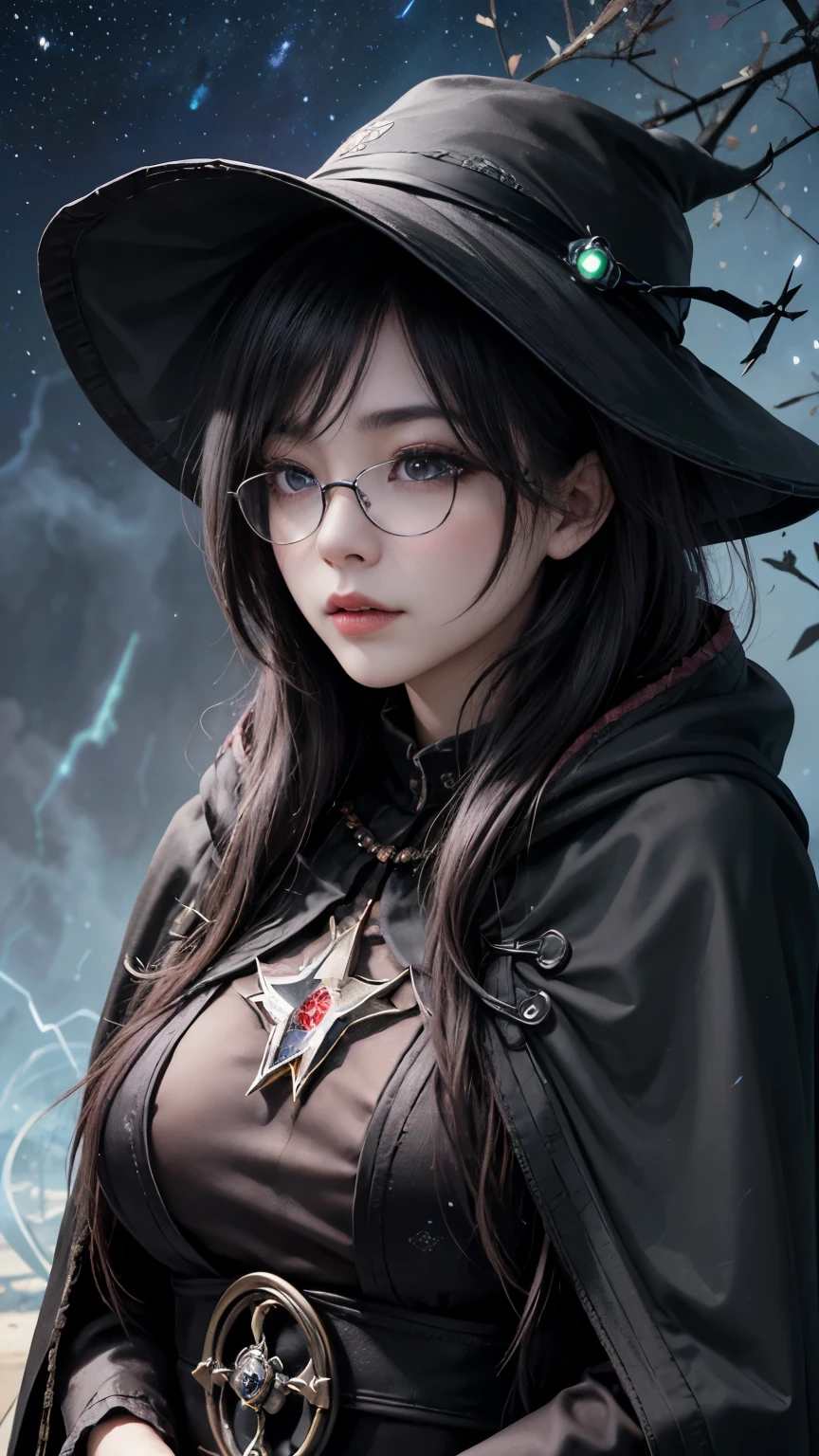 (Fatal Beauty,A charming villain,witch) ,(A supple and powerful physique),(Sensual charm),(Mysterious charm:1.1),(Captivating silhouette),((((Glasses))))、((((big sapphire necklace))))、(highest quality,High resolution:1.2),(dark,Threatening:1.1),((dark horror theme:1.5),(Thriller:1.5)),(Dark fantasy:1.5),  (((Countless stars fly away:1.5),(Absurd:1.5),(wonderful:1.5))),Woman in a dress, (Powerful numbers:1.1),(((Big Breasts))),(((Muscular:1.1))), cute face, Sexy Face, , Very detailedなbeautiful女の子, (Ideal body type:1.8), Very detailed faceexpressive lips, (とてもbeautiful、Crisp big eyes:1.5), Fine skin., All features are shown in detail., The outline of the fingers is beautifully drawn....., The nose is precisely shaped., expressive lips, Perfect Anatomy,cute、Realistic、(Front view:1.4),(Face Focus:1.3), realistic girl rendering, 8k artistic german bokeh, Enchanting girl, Real Girls, Gurwitz, Gurwitz-style artwork, Girl Roleplay, Realistic 3D style, cgstation Popular Topics, 8K Portrait Rendering,(truth，truth：1.4),Sexy Body,( Very lean body:1.6),Sexy pose, blush, Attractive body, Very curly hair, Purple Curly Hair, very big hair, Very curly hair, prime color,Urban,Very detailed,masterpiece,Intricate details,Faded,Very detailed, Eye on the details,Intricate details,暗くてSpooky atmosphere,  spiritual being, Unforgettably beautiful, Ghostly figures, Shadow-like shape, Spooky whispers, Ominous Aura, Goth Maiden,  Like dazzling fur in a starless haze,Her Mogul Snaps, Mysterious Cemetery,Black hair swaying in the moonlight, She summons darkness, (beautiful: 1.7), (Black Hat: 1.6), (An intricately decorated jet-black cloak: 1.6), (Delicately decorated cloak, Despite the damage: 1.5), Hypermaximalist,  Breathtaking oil paintings, Surreal, Ultra-realistic digital illustrations that mimic the style of oil paintings, wonderful構成,  (Shining Eyes:1.6)、(Glowing Eyes:1.1),(hellish landscape:1.1),(fire,sulfur:1.1),(Threatening atmosphere:1.1),(dark shadows,Threatening presence:1.1),(Unlucky Clouds,Stormy Skies:1.1),(dark,Spooky atmosphere:1.1),(Aura of misfortune,Evil energy:1.1),(dark aura,cigarette:1.1),(Extreme heat,Burning Flames:1.1),(Nightmare Visions:1.1),(Predicting the end:1.1),(Whispers of misfortune,Devilish Laugh:1.1),(Cries of pain,echoing screams:1.1),(Bad luck symbol,Ancient runes:1.1),(Mysterious Relic,dark art ifacts:1.1),(Infernal Ritual,Ritual sacrifice:1.1),(Eternal Ruin,A hopeless existence:1.1),  Inspired by abandoned mech backgrounds. Art created by Craig Mullins, Necrostyle., Detailed Description, Futuristic sci-fi scene. Focus on SFCon