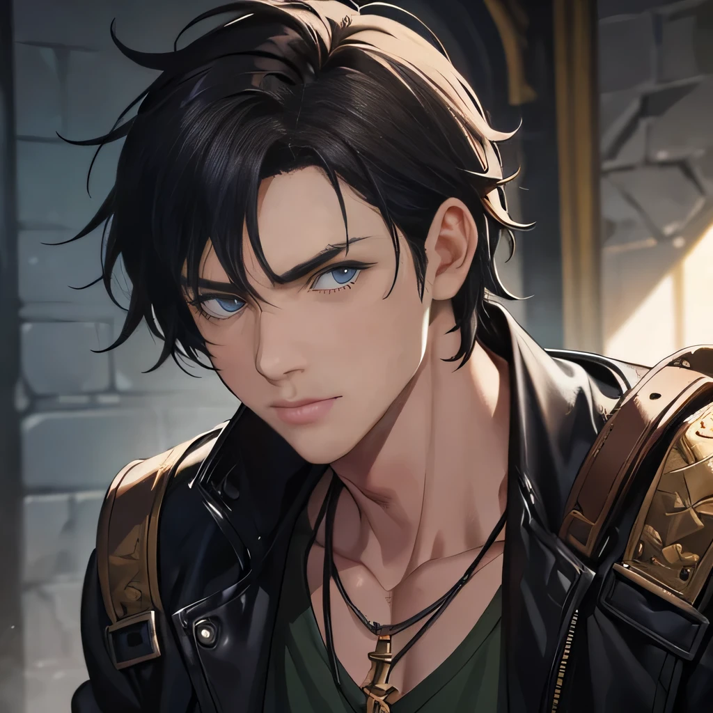 (masterpiece, absurdres, highres, ultra detailed), 1man, Roran is rugged and muscular, with short, dark hair and sharp, intense eyes. He has a few scars from his past battles but doesn’t make a big deal out of them. He usually wears simple, functional armor and carries a sword at his side. A small, discreet emerald pendant around his neck is the only visible sign of his bond with Hilda.,handsome face, casual clothes, charming, lovely, detailed eyes and face, correct eyes and pupils