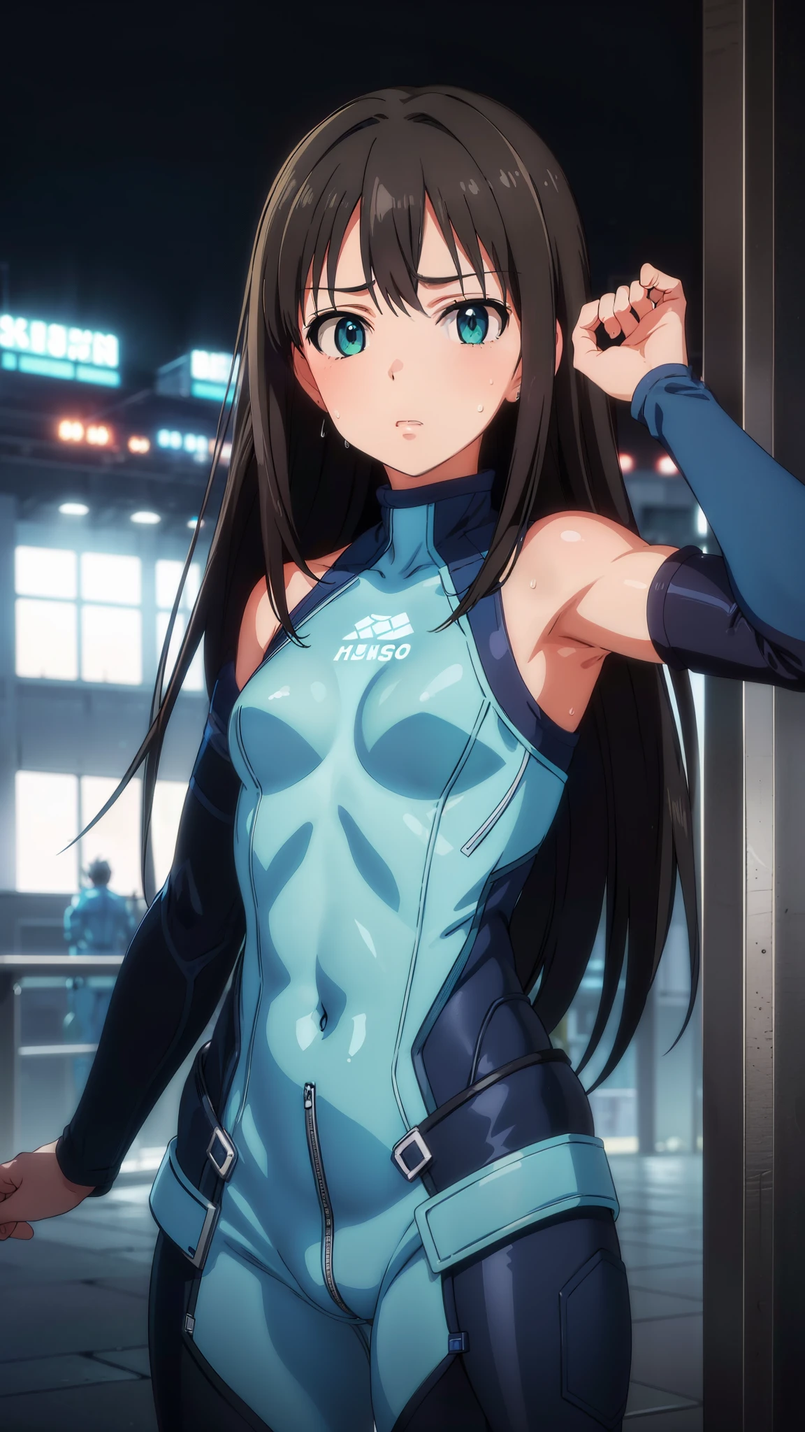 (masterpiece、Highest quality、In 8K、High resolution:1.2)、alone、One Girl、 Rin Shibuya、 Tight clothing、Cowboy Shot、Look at the viewers、Blue Hero Suit、Blue bodysuit、Tight suit、((Trained abdominal muscles))、（Trained biceps）、(building:1.2)、Night view、Excessive sweat on the face
