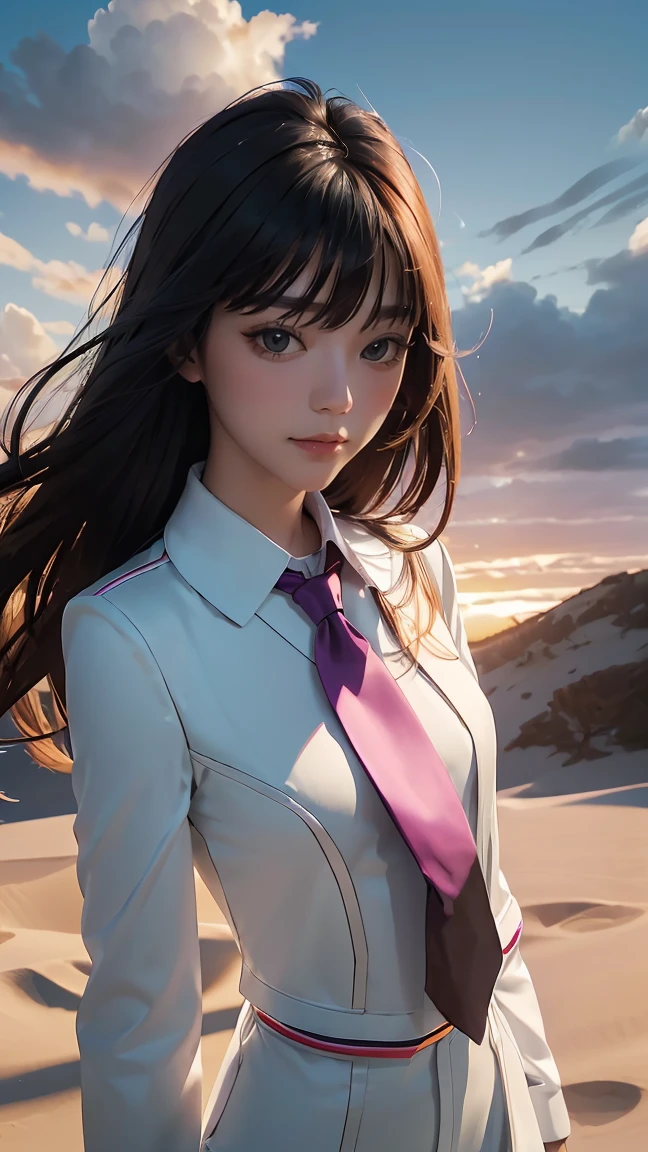 ((Masterpiece, best quality, very detailed), Volumetric light, surrounding occlusion, Rich and colorful, glow), 1 woman, lonely, young girl, (Black bangs), long hair, radius, wind energy, sacred, goddess, CEO vibe, (suit with necktie:1.3), armor, outdoor, sunset, sky, cloud, space, (Fantasy Theme:1.2),