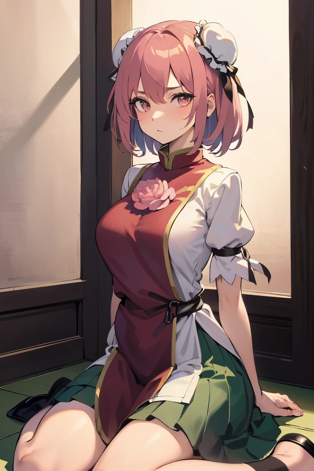 masutepiece, Best Quality, Kasen, Ibaraki, 1girl in, Solo, Double bun,  Pink hair,Short hair,Pink eyes, Flower Tabad,Bandage arm,bow ribbon, Green skirt,  Short sleeves, Puffy sleeves, chinese clothes, Shackles, chain, Shirt, (Best Quality, masutepiece:1.2), 超A high resolution, (((((hands tied behind))))), (((arms behind back))), ((large full breasts)), Exquisite details and textures, Dusty air, 1girl in, Detailed face, Solo, Looking at Viewer, Cowboy Shot, wariza, Sitting on the floor, Shy, blush, full of sweat, Ultra Detail, Thighs together, Concrete floors, Concrete walls, in a basement, underground room, Indoors, Surreal, Insanely detailed, Detailed face, extremely detailed texture, (Shiny hair:1.05), (Shiny skin:0.97), (Big eyes:0.95),