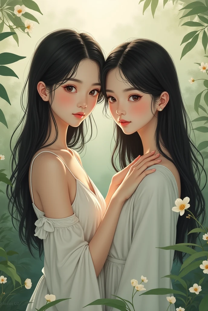 A captivating and introspective professional color drawing, crafted in a masterful blend of the unique artistic styles inspired by Amy Brown, Daria Petrilli, and Andrea Kowch. This remarkable artwork showcases the delicate fusion of soft watercolors, inks, and colored pencils, resulting in a harmonious composition. The piece emanates a soft whimsical aura, featuring a serene woman gracefully traversing the wonders of nature. The artwork seamlessly weaves together the profound connections between humans and animals, offering a glimpse into the enchanting bond that exists between these beings. The use of soft, muted shades adds depth and evokes a sense of tranquility, while the minimalist shapes imbue the artwork with an elegant simplicity. --auto --s2