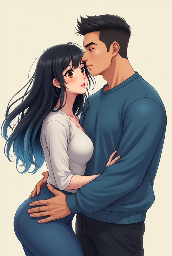 A dark-skinned girl with a chubby build, Long black hair, black eyes, She hugs a boy, The boy has black hair, His eyes are brown and the boy&#39;s skin is white., The boy is tall and has a slim build.. 