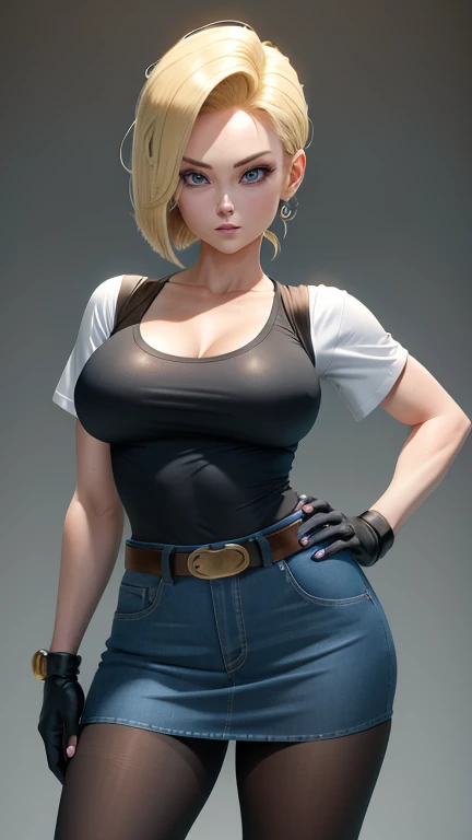 highest quality, High resolution, (Street Fighter), 1 girl, android 18, ( standing split, raise your legs,raise your legs,stand on one leg 1.3), alone, blonde hair, blue eyes, belt, pearl_necklace, bracelet, black gloves, short hair, earrings, micro mini skirt, (black vest), (big breasts:1.5), cowboy shot, street, straight,