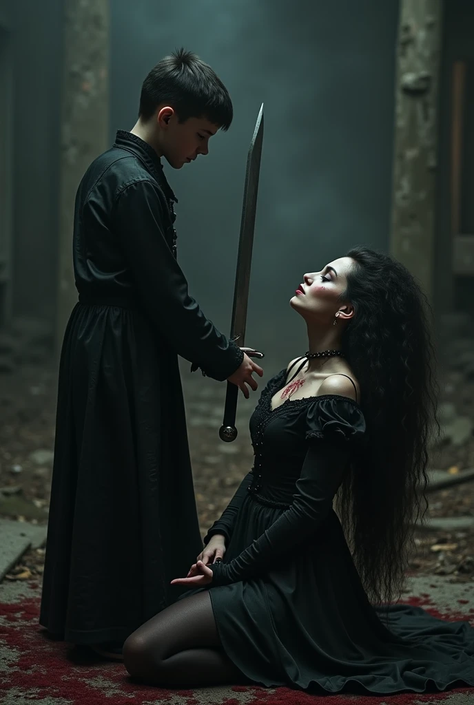 Realism, super quality, battle photo style, boy stabbing woman's throat with sword, her head is thrown back, woman has large masculine Adam's apple, (woman is a 30-year-old goth mom, feminine face, gothic makeup, black dress, pale skin, long hair) (boy is her son)