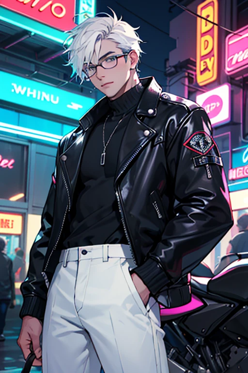 1boy,solo,colorful,yellow eyes,cyberpunk,city,peace sign,earrings,purple hair,eye patche,freckles,prothesis,mechanic,neon,beautiful lighting,purple reflection,cap,smoking,character focus,cg illustration,bust shot,yellow and black outfit,brown hair, tomboy, makeup , full body , long boots , heels, sockings, model pose