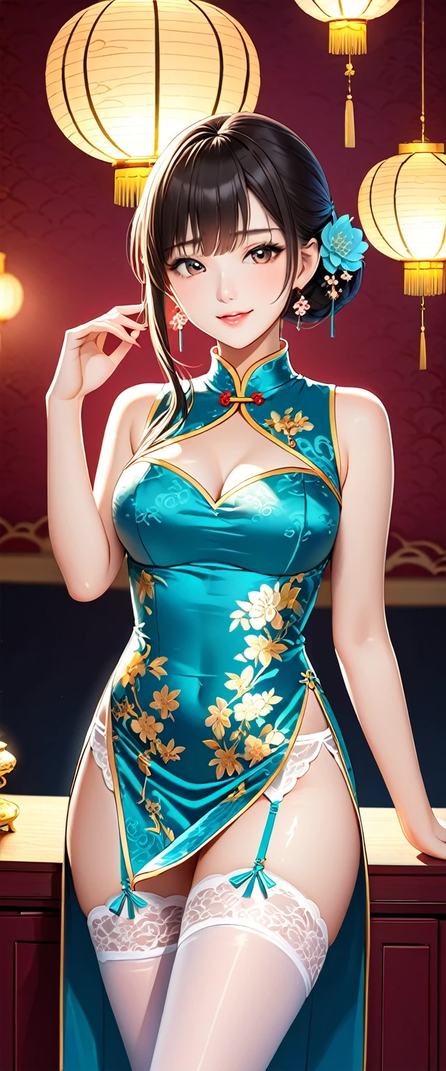 high resolution, Adult women , Good lighting, contemptible, , (no nudity), (((Sparkling cheongsam))), (()), ((())), (Garter belt), Abdomen only, (),  ,  Cute face, I&#39;I很尴尬，Blushed, humiliation, ((Look back)), (T-back)(Existing in large quantities on the body,)