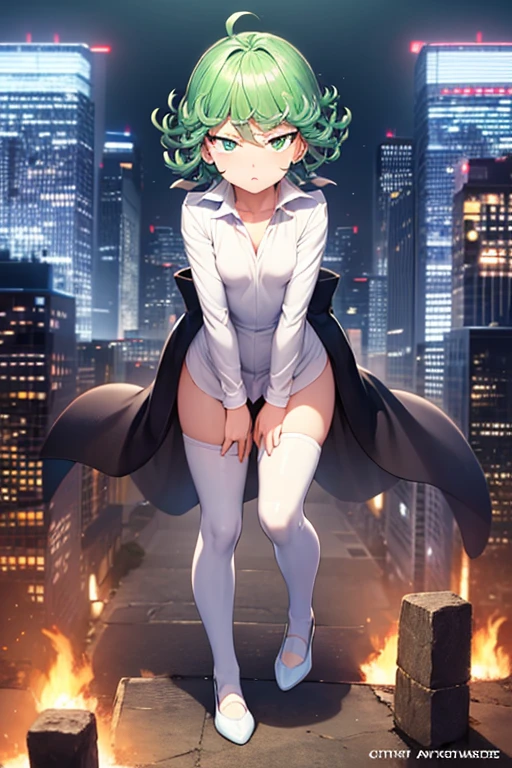 Masterpiece, best quality, ultra detailed, illustration, lighting epic, cinematic composition, 1 girl, Tatsumaki, short hair, green hair, very small breasts, green eyes, bright eyes, pouting, blushing, closed mouth, piercing gaze, full body, long beige trench coat, open trench coat, black fingerless gloves, white shirt, black pants, white knee pads, metallic white shoes, nanotechnology in the air, city background, anime