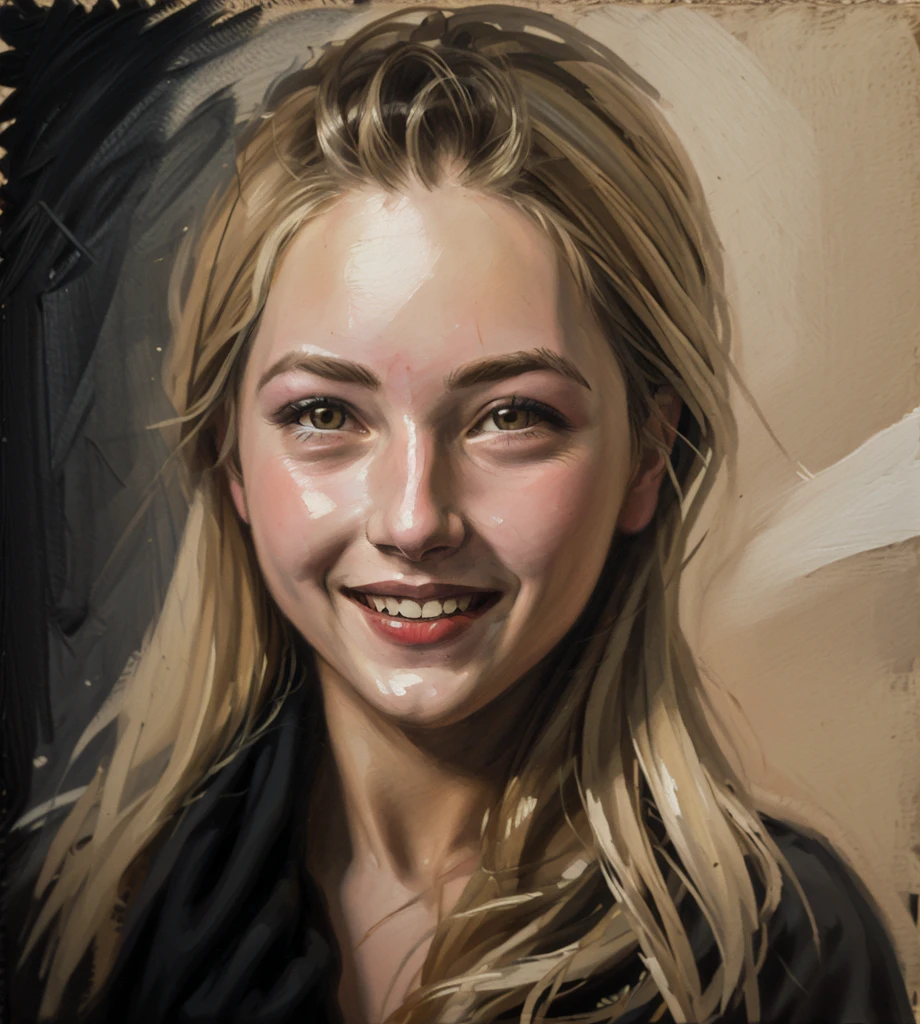 A painterly oil sketch made using alla prima technique, which is a portrait of the bust of a 30-year-old woman with visible traces of great beauty. Dark blonde long hair. Bright eyes. Proudly smiling. On her head she wears a fancy, intricately embroidered dark scarf that surrounds her head and falls over her shoulders. Harsh side sunlight illuminates her face, creating a charming chiaroscuro. Painting background in the alla prima technique.