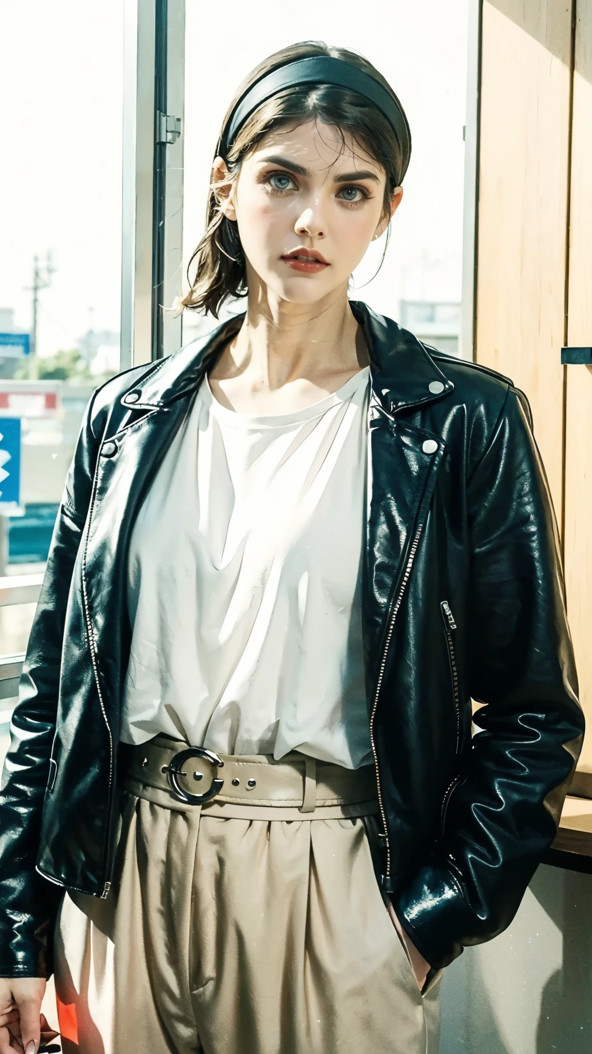 (masterpiece:1.2, best quality:1.2, extremely delicate:1.2), ((Alexandra Daddario:1.2)), a young women with short purple hair, side-parted bangs, wearing a headband, a determined gaze, a serious expression, a futuristic fantasy-style leather jacket featuring multiple ring designs, a belt with a large circular buckle, matching pants, leather fingerless gloves, the background features a complex futuristic fantasy-style street, this character embodies a finely crafted futuristic fantasy-style street fighter in anime style, exquisite photography, Photo realism, photorealistic, perfect skin, dramatic, high definition, highres, ultra-detailed, ultra-fine painting, professional, perfect body proportions, golden ratio, anatomically correct, symmetrical face, extremely detailed eyes and face, high quality eyes, creativity, RAW photo, UHD, 32k, Natural light, cinematic lighting, (masterpiece-anatomy-perfect:1.2)