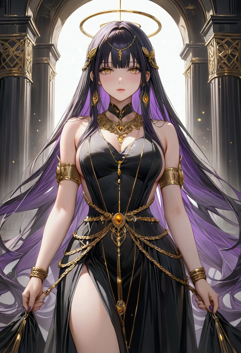 ((anime artstyle)),(Masterpiece),(Best Quality), (Super Detail),((Very Delicate and Beautiful)),((Solo)),((full body)),((1 arrogant queen in glitter jeweled black and gold gorgeousfull ball gown with voluminous skirt)),((arrogant)),(((haughty smile))),(Purple eyes),Sharp eyes,detailed face and eyes,jewel-like eyes,((voluminous Very Long Straight black Hair)),(Bangs between eyes),((gorgeousfull embroidery and lace)),gorgeous corsage,See-through,gorgeousfull hair ornament,((BlingBling)),gorgeousfull glitter jeweled tiara,ornate ruffles,((gigantic breasts,Long breasts)),skindentation,((full body)),gorgeousfull jewelry ornaments,((hoop skirt,crinoline)),Dynamic Angle,Looking at viewer,royal gorgeous palace,(((gorgeous embroidery and glitter jeweled black and gold gorgeousfull ball gown with voluminous skirt))),(full body)
