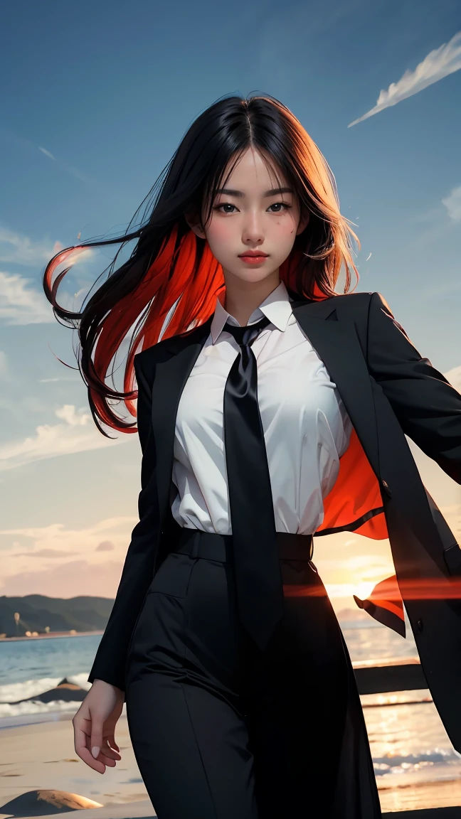 ((Masterpiece, best quality, very detailed), Volumetric light, surrounding occlusion, Rich and colorful, glow), 1 woman, , young girl, (Smooth black), long hair, radius, sacred, goddess, CEO Luke, (black suit, White shirt and red tie:1.3), long black coat, ((a green wind orb on hand)), outdoor, sunset, sky, cloud, (Fantasy Theme:1.2), (full body:0.8)