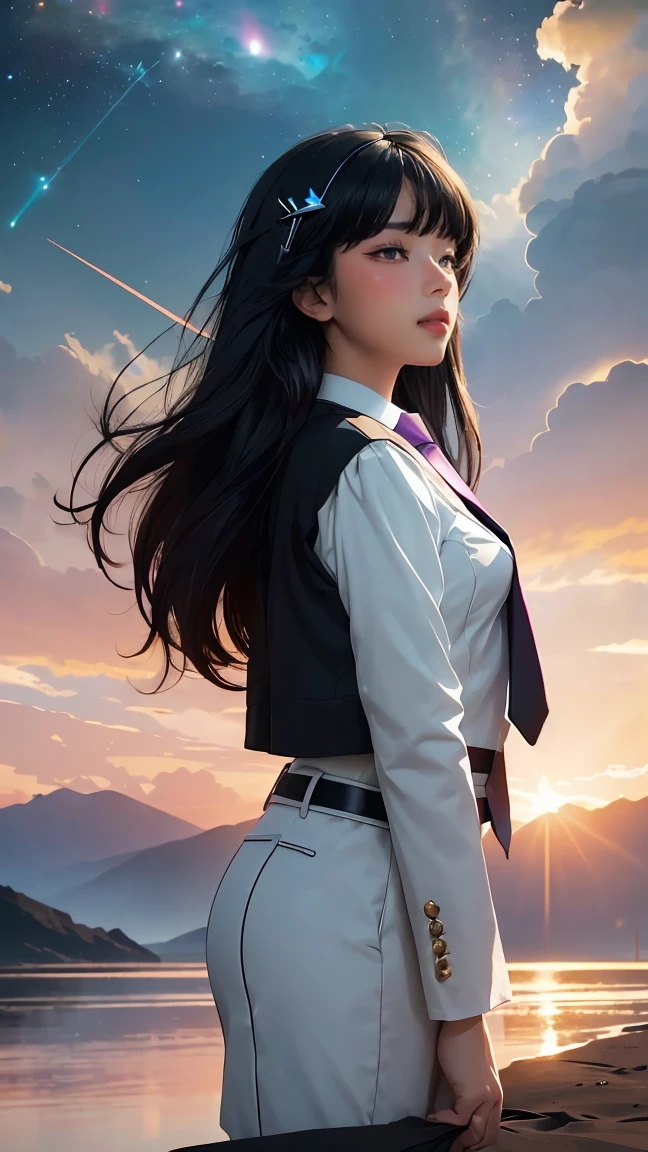 ((Masterpiece, best quality, very detailed), Volumetric light, surrounding occlusion, Rich and colorful, glow), 1 woman, lonely, young girl, (Black bangs), long hair, radius, wind energy, sacred, goddess, CEO vibe, (suit with necktie:1.3), armor, outdoor, sunset, sky, cloud, space, (Fantasy Theme:1.2),