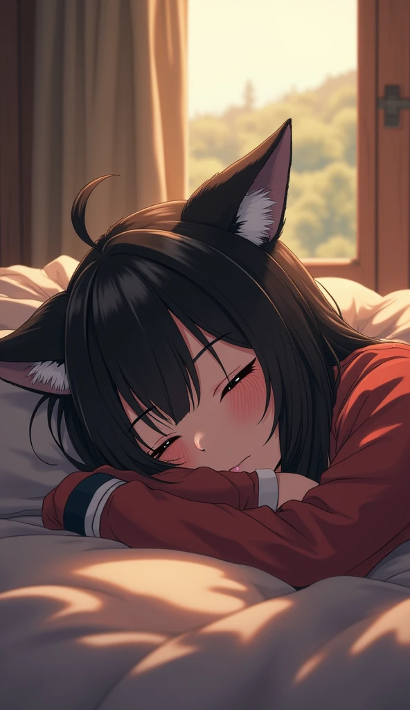 A beautiful girl with cat ears who fell asleep while studying, a stylish room, indirect lighting, and the sunset shining through the window.