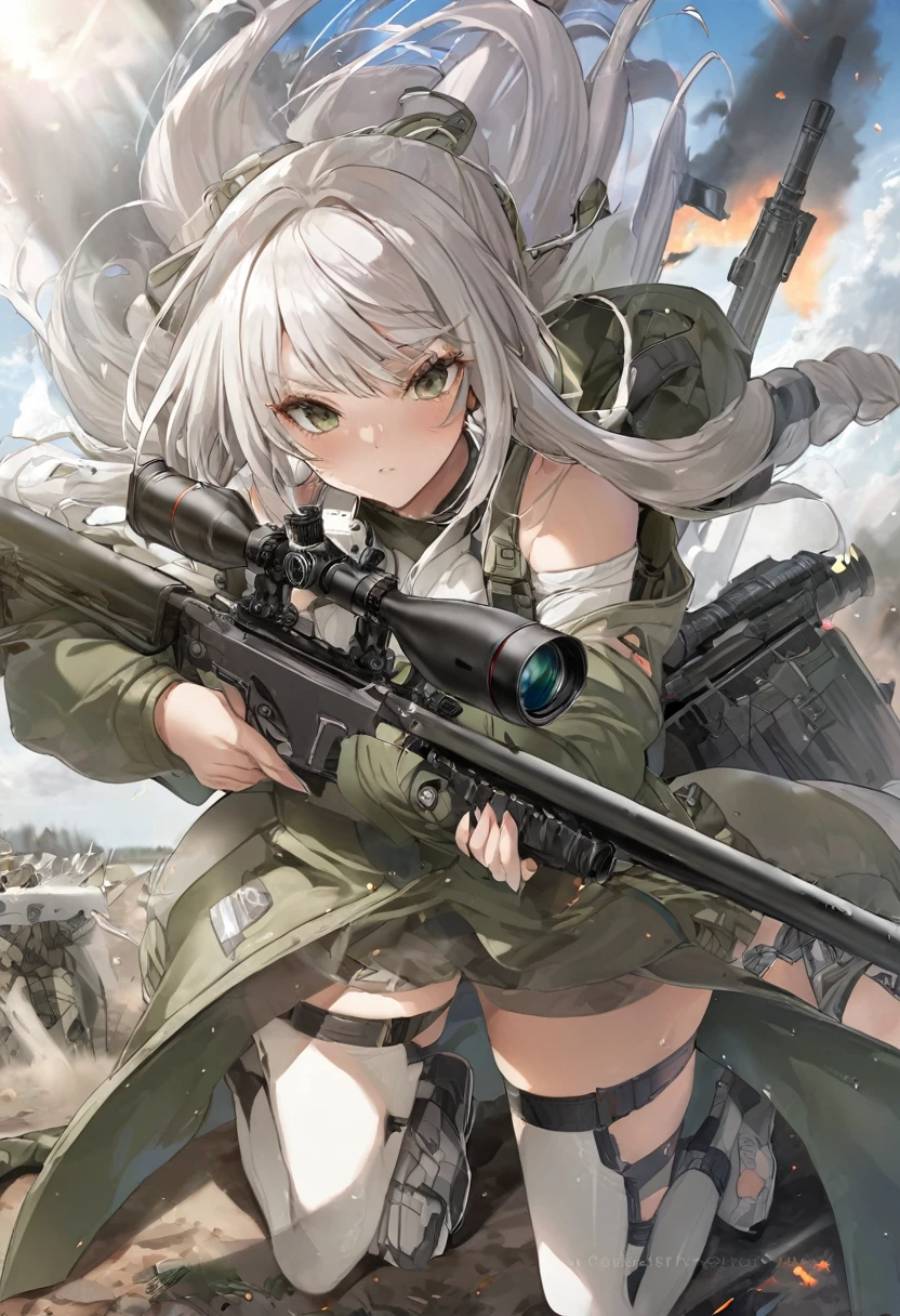 Dynamic, A girl with a sniper rifle in a sniper position in a battlefield, sleek white metalic sniper rifle with muzzle break and degital scope and bi-pod 