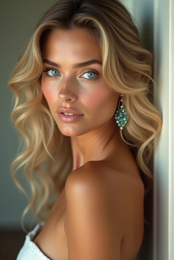 Super beautiful blonde woman with natural green eyes, sensual body modeling white swimsuits