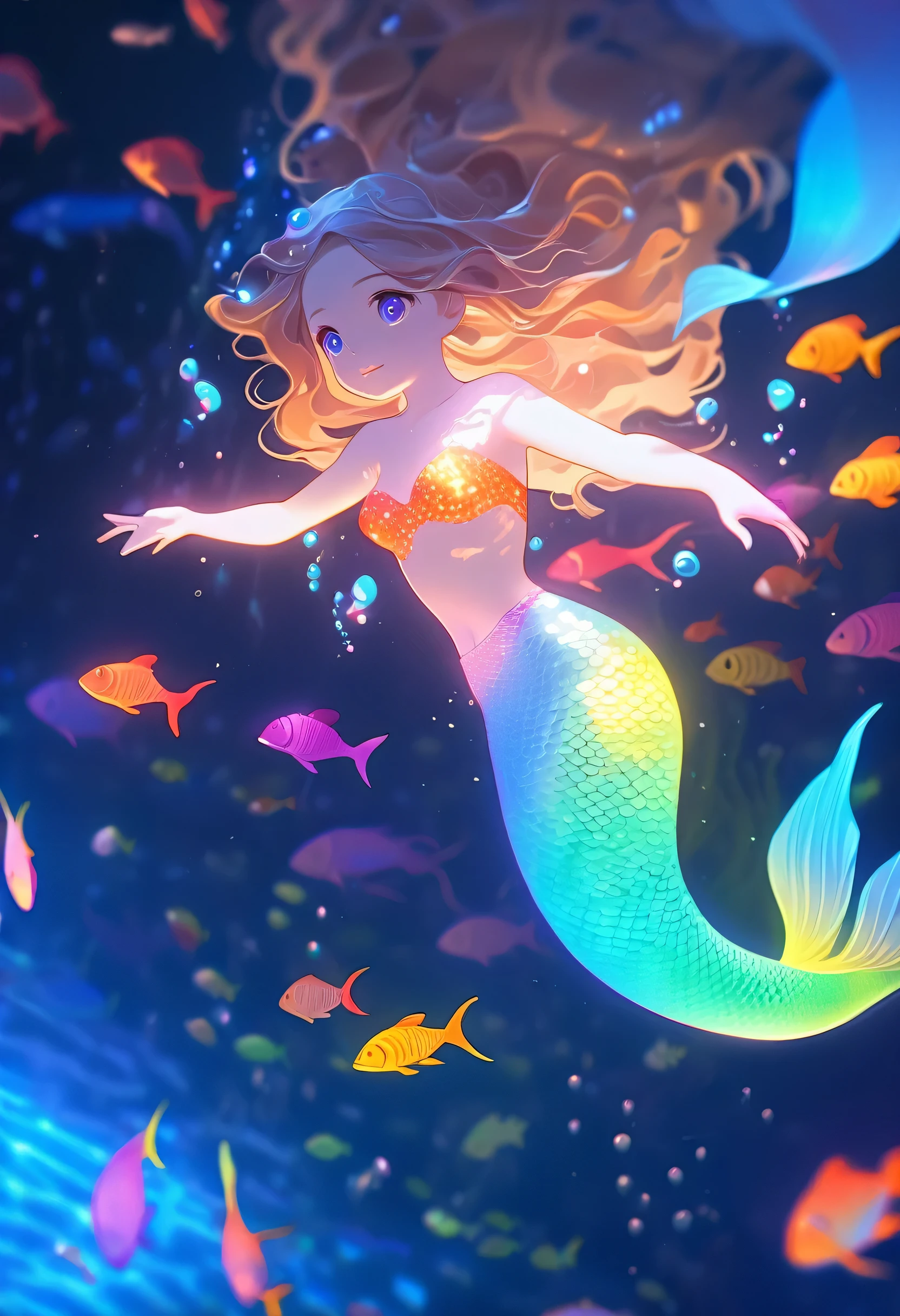 1 Female\((Mermaid),The lower body is a fish,Beautiful scale reflecting prism,Beautiful tail fin reflecting prism,prince,cute,cute,20-year-old,Long braids,blonde,(Sing a beautiful song:1,4),Eye color: Ocean Blue,Big eyes,Dynamic pose,Open your mouth wide,(look up),Underwater,Happy,Wearing a beautiful heart-neck tube top,(Surrounding notes),(whole body:1.6)\), break ,background\((Under the beautiful and clear sea),Beautiful fish,\), break ,quality\(8k,Highly detailed CG unit wallpaper, masterpiece,High resolution,top-quality,top-quality real texture skin,Surreal,Increase the resolution,RAW Photos,highest quality,Very detailed,wallpaper,Cinema Lighting,Ray-tracing,Golden Ratio\),,landscape,[Browsing Caution]