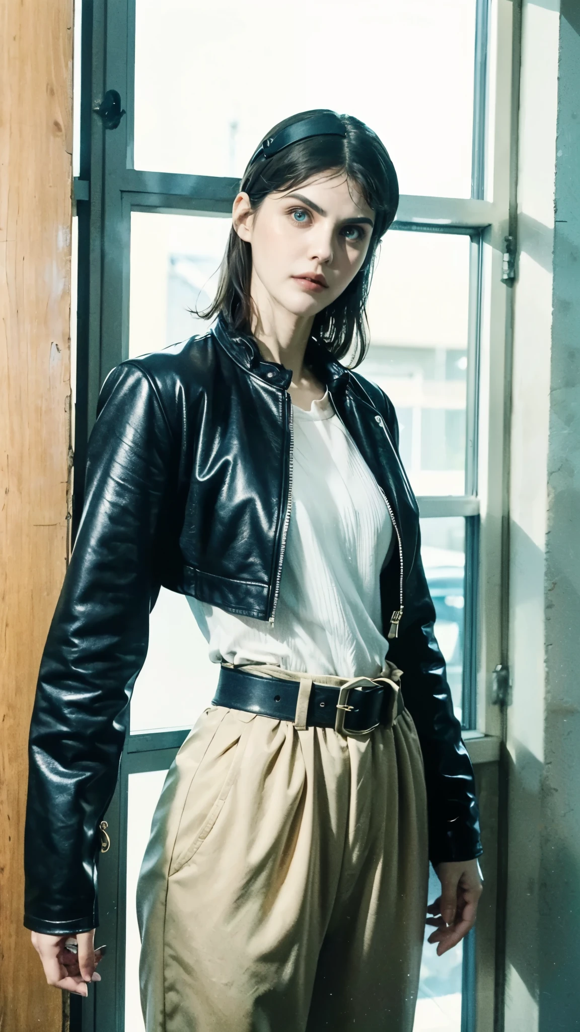 (masterpiece:1.2, best quality:1.2, extremely delicate:1.2), ((Alexandra Daddario:1.2)), a young women with short purple hair, side-parted bangs, wearing a headband, a determined gaze, a serious expression, a futuristic fantasy-style leather jacket featuring multiple ring designs, a belt with a large circular buckle, matching pants, leather fingerless gloves, the background features a complex futuristic fantasy-style street, this character embodies a finely crafted futuristic fantasy-style street fighter in anime style, exquisite photography, Photo realism, photorealistic, perfect skin, dramatic, high definition, highres, ultra-detailed, ultra-fine painting, professional, perfect body proportions, golden ratio, anatomically correct, symmetrical face, extremely detailed eyes and face, high quality eyes, creativity, RAW photo, UHD, 32k, Natural light, cinematic lighting, (masterpiece-anatomy-perfect:1.2)