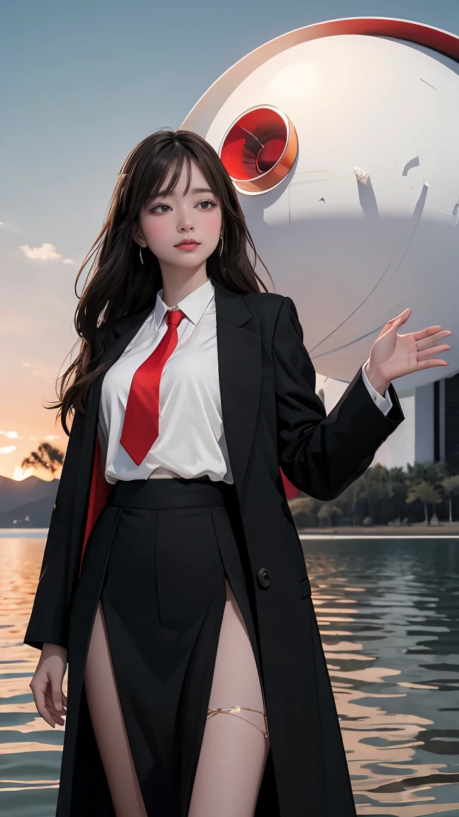 ((Masterpiece, best quality, very detailed), Volumetric light, surrounding occlusion, Rich and colorful, glow), 1 woman, , young girl, (Smooth black), long hair, radius, sacred, goddess, CEO Luke, (black suit, White shirt and red tie:1.3), long black coat, ((a green wind orb on hand)), outdoor, sunset, sky, cloud, (Fantasy Theme:1.2), (full body:0.8)