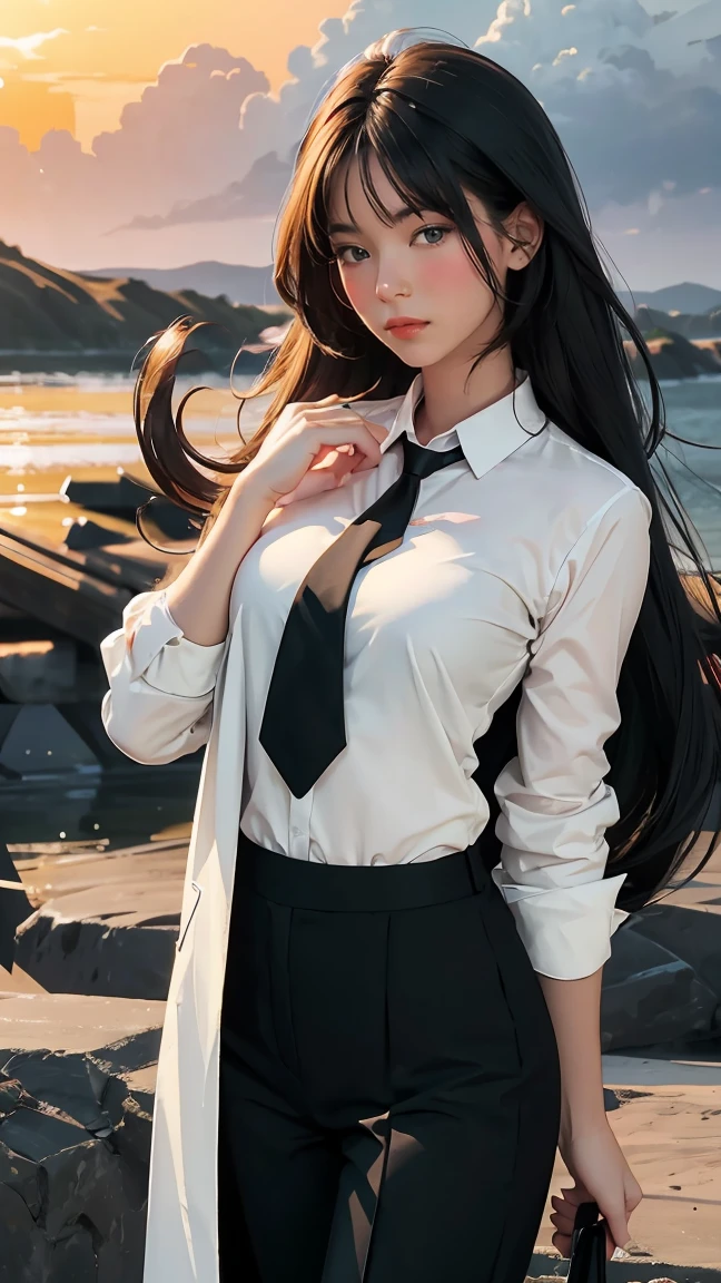 ((Masterpiece, best quality, very detailed), Volumetric light, surrounding occlusion, Rich and colorful, glow), 1 woman, , young girl, (Smooth black), long hair, radius, sacred, goddess, CEO Luke, (black suit, White shirt and red tie:1.3), long black coat, ((a green wind orb on hand)), outdoor, sunset, sky, cloud, (Fantasy Theme:1.2), (full body:0.8)