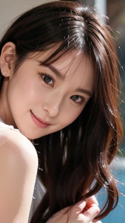 Hip above viewing angle Hip above viewing angle Hip above view, Brunette hair, smile, headlight, realistic, best quality, super high resolution, very detailed eyes and face,