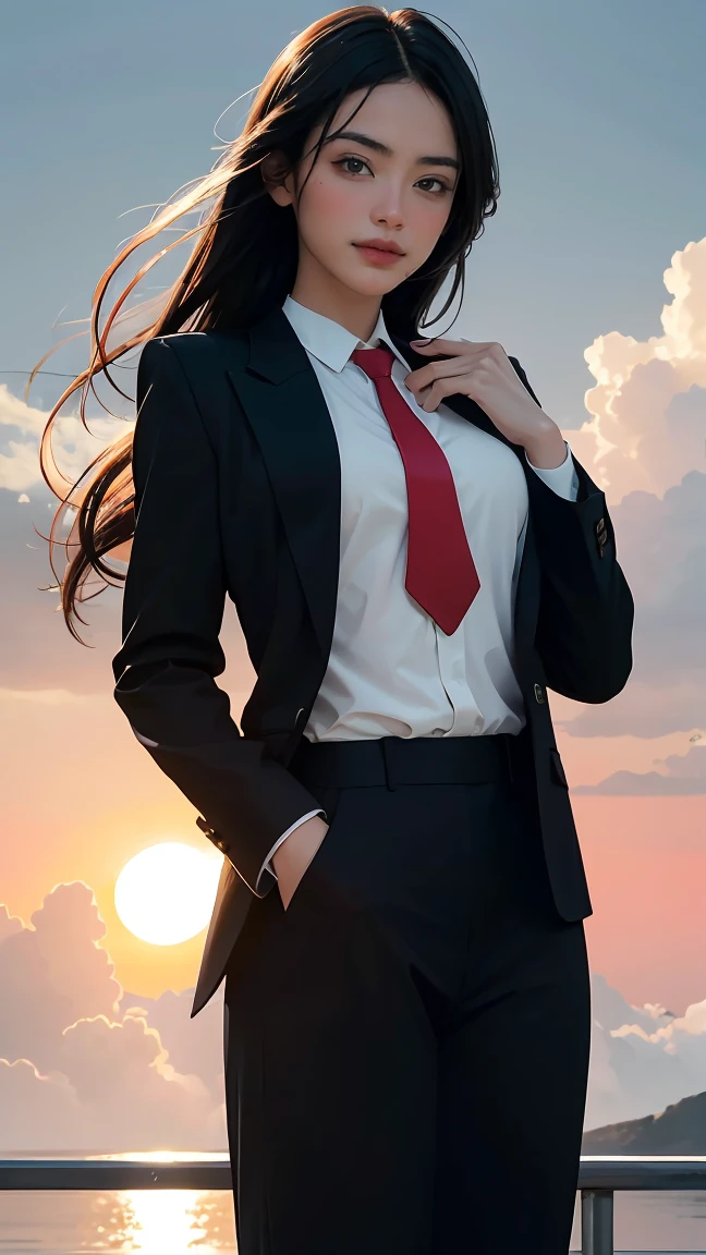 ((Masterpiece, best quality, very detailed), Volumetric light, surrounding occlusion, Rich and colorful, glow), 1 woman, , young girl, (Smooth black), long hair, radius, sacred, goddess, CEO Luke, (black suit, White shirt and red tie:1.3), long black coat, ((a green wind orb on hand)), outdoor, sunset, sky, cloud, (Fantasy Theme:1.2), (full body:0.8)