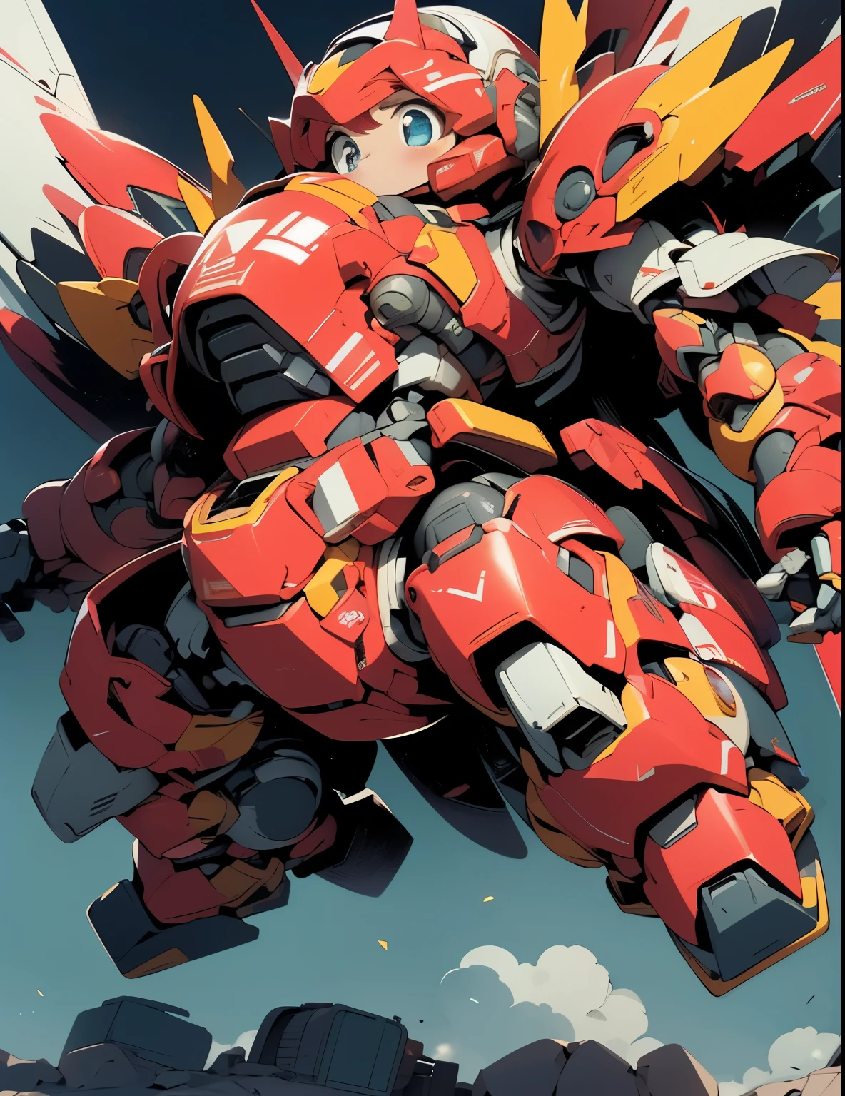 (((1 chibi girl in large red-colored robot costume, from below))), ssmile, (holding weapons), (chibi), (bulky:1.8), (((helmet:1.5))), large cute face, (((looking down:1.5))), mechanical parts, ((mechanical wings)), (full armor:1.8), (mecha armor:1.8), (shoulder guards:1.2),(huger arms), ((mechanical arms:1.5)), (short legs), (huger body:1.8), (heavy equipment:1.6), (from below), (headgear), blue sky, white clouds, robot joints, becoming a mecha, mecha, (RARS), (HRS), ROBOTANIMESTYLE, BJ_Cute_Mech,cute, girl BREAK ((masterpiece)), vibrant colors, 8k, best quality, ultra detailed illustration, ((best quality)), ((high resolution)), flawless skin textures, shiny oiled skin, extremely detailed anime eyes , extreme light and shadow