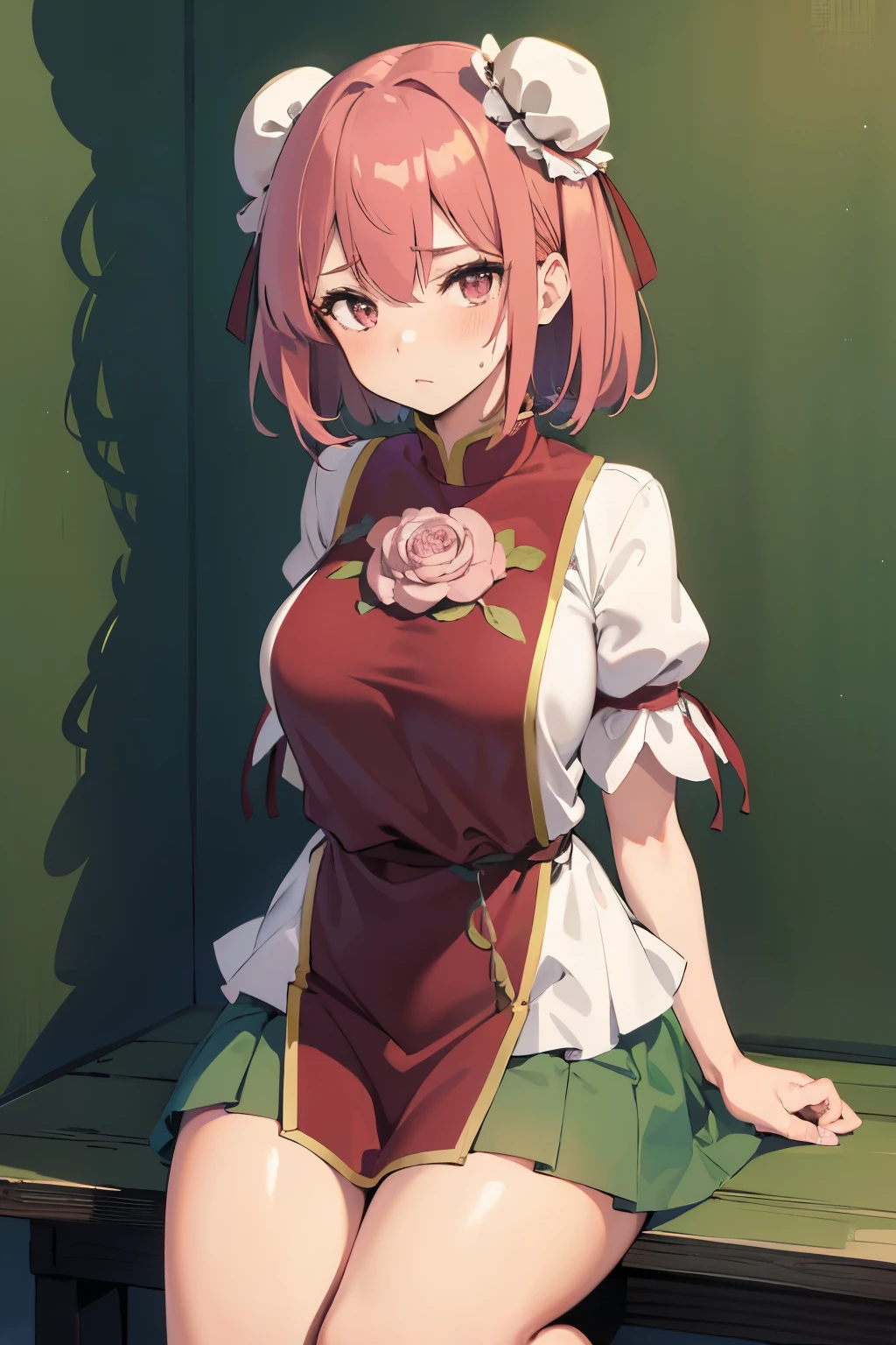 masutepiece, Best Quality, Kasen, Ibaraki, 1girl in, Solo, Double bun,  Pink hair,Short hair,Pink eyes, Flower Tabad,Bandage arm,bow ribbon, Green skirt,  Short sleeves, Puffy sleeves, chinese clothes, Shackles, chain, Shirt, (Best Quality, masutepiece:1.2), 超A high resolution, (((((hands tied behind))))), (((arms behind back))), ((large full breasts)), Exquisite details and textures, Dusty air, 1girl in, Detailed face, Solo, Looking at Viewer, Cowboy Shot, ((seiza)), Sitting on the knees, Shy, blush, full of sweat, Ultra Detail, Thighs together, Concrete floors, Concrete walls, in a basement, underground room, Indoors, Surreal, Insanely detailed, Detailed face, extremely detailed texture, (Shiny hair:1.05), (Shiny skin:0.97), (Big eyes:0.95),