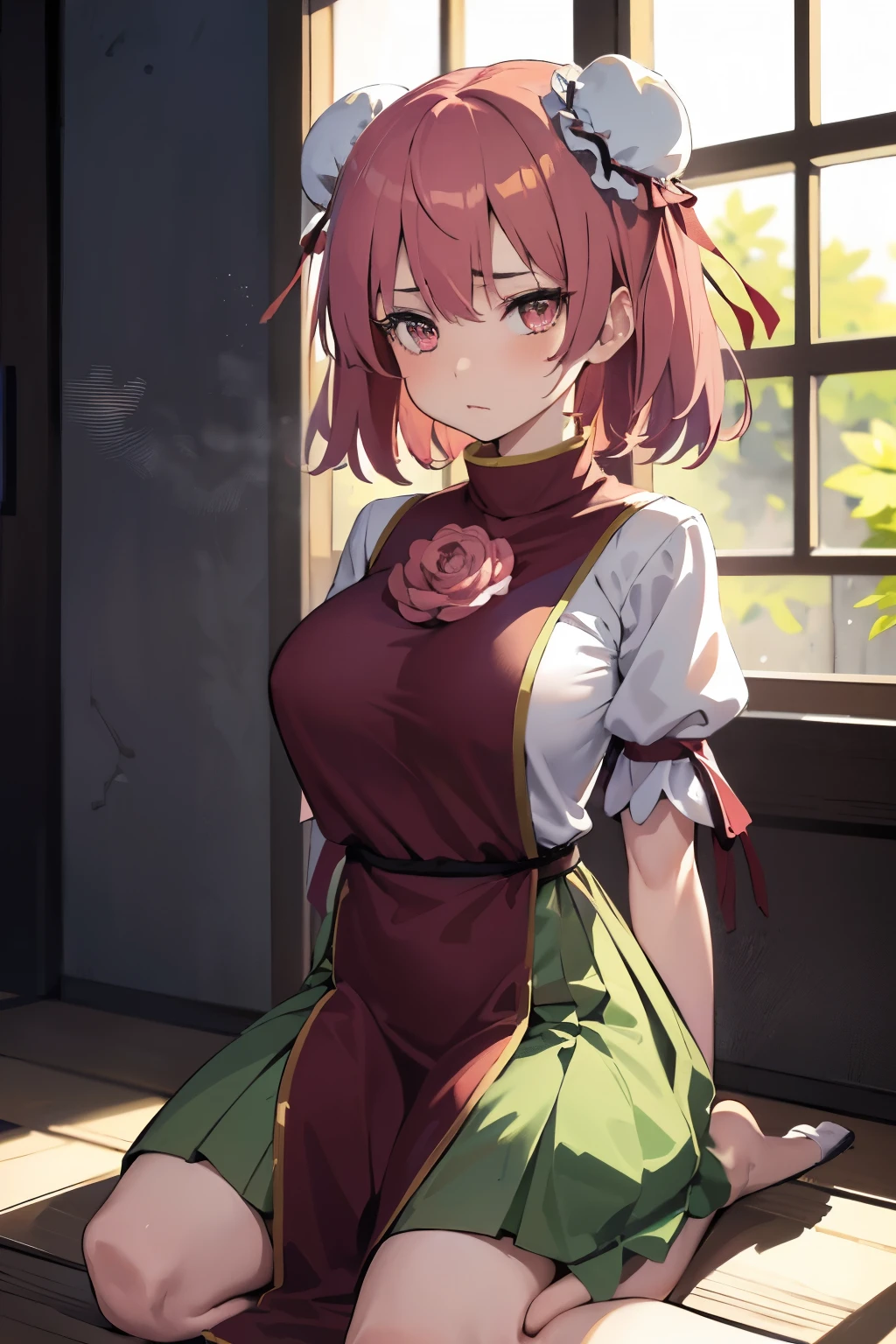 masutepiece, Best Quality, Kasen, Ibaraki, 1girl in, Solo, Double bun,  Pink hair,Short hair,Pink eyes, Flower Tabad,Bandage arm,bow ribbon, Green skirt,  Short sleeves, Puffy sleeves, chinese clothes, Shackles, chain, Shirt, (Best Quality, masutepiece:1.2), 超A high resolution, (((((hands tied behind))))), (((arms behind back))), ((large full breasts)), Exquisite details and textures, Dusty air, 1girl in, Detailed face, Solo, Looking at Viewer, Cowboy Shot, ((seiza)), Sitting on the knees, Shy, blush, full of sweat, Ultra Detail, Thighs together, Concrete floors, Concrete walls, in a basement, underground room, Indoors, Surreal, Insanely detailed, Detailed face, extremely detailed texture, (Shiny hair:1.05), (Shiny skin:0.97), (Big eyes:0.95),