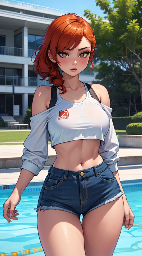 Masterpiece:1.2, Best quality), Realistic, (Real picture, Intricate details, Depth of field), (1girll, Solo), make up, parted lip, highly detailed, Perfect face,
(little breast:1.4), (skin indentation), Toned Thighs, Wide hips, Small waist, Tall, glossy coral lips,
red hair, Red eyes, pony tails,
(A girl playing volleyball, white volleyball suit), (full of sweat:1.2), (Wet), Sexy, Blushing,