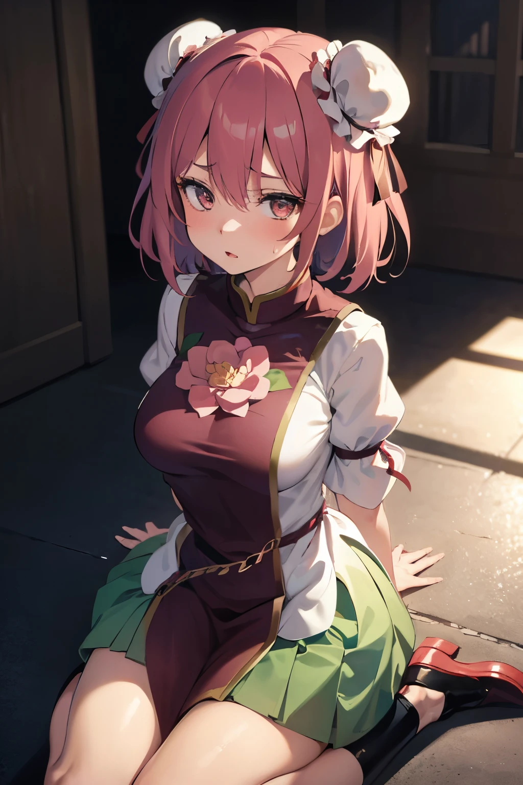 masutepiece, Best Quality, Kasen, Ibaraki, 1girl in, Solo, Double bun,  Pink hair,Short hair,Pink eyes, Flower Tabad,Bandage arm,bow ribbon, Green skirt,  Short sleeves, Puffy sleeves, chinese clothes, Shackles, chain, Shirt, (Best Quality, masutepiece:1.2), 超A high resolution, (((((hands tied behind))))), (((arms behind back))), ((large full breasts)), Exquisite details and textures, Dusty air, 1girl in, Detailed face, Solo, Looking at Viewer, Cowboy Shot, ((seiza)), Sitting on the knees, Shy, blush, full of sweat, Ultra Detail, Thighs together, Concrete floors, Concrete walls, in a basement, underground room, Indoors, Surreal, Insanely detailed, Detailed face, extremely detailed texture, (Shiny hair:1.05), (Shiny skin:0.97), (Big eyes:0.95),