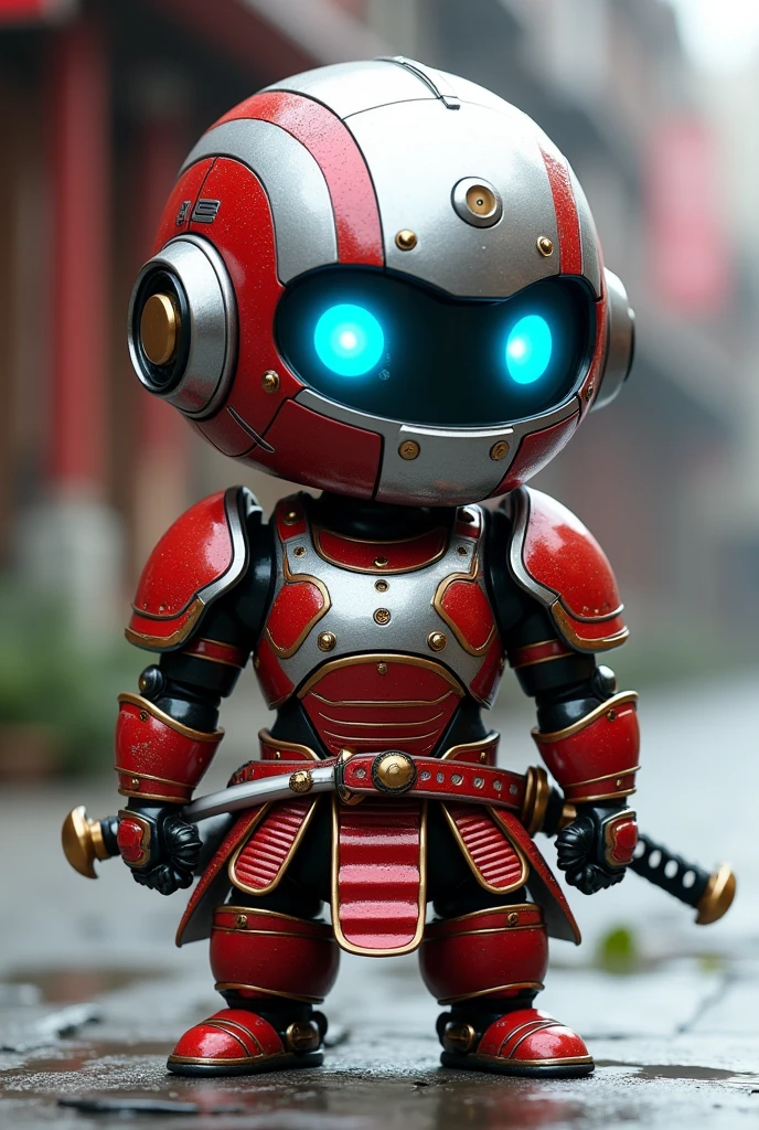 Design a chibi samurai robot front avatar icon with a touch of realism. The robot should have a compact and adorable design typical of chibis., but with more realistic details in the texture and finish of the armor. Use a red and silver color palette for the armor., applying a realistic metallic finish that reflects light. The robot&#39;s eyes should be blue and bright, with a shine that suggests depth and advanced technology. The robot must be holding a katana with a detailed and realistic design, reflecting a fusion between tradition and technology. The background should be minimalistic to ensure the focus remains on the chibi samurai robot.
