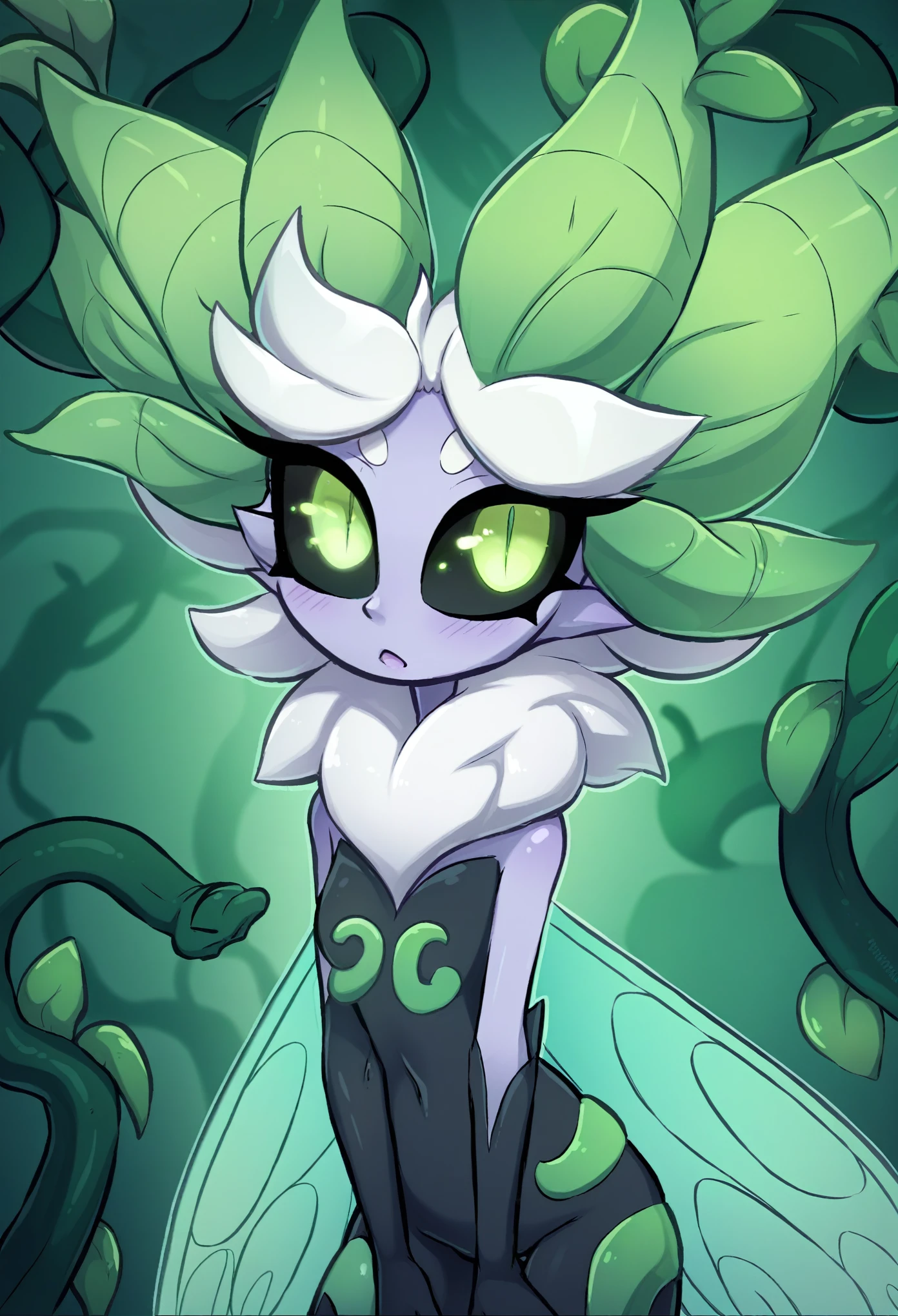 A whimsical moth-like fairy girl with vibrant purple skin that appears smooth and slightly luminous. Her large, glowing green eyes resemble those of a moth, with a soft inner light and slitted pupils, giving her a mischievous and otherworldly charm. She has green slit pupils, & Black sclera. She possesses a full set of four slender arms, enhancing her insect-like features. Her delicate, semi-transparent fairy wings are mint green with intricate swirling patterns, adding to her ethereal, magical look. Her hair is a voluminous mass of curly white strands that frame her face, paired with a fluffy moth-like fur scruff around her neck that resembles soft fur. Extending from her lower back are two long, fox-like tails with plush white fur that ends in a soft mint green gradient, swaying gently as she moves. Her slender, graceful form is wrapped in elegant green vine-like patterns that snake along her body, enhancing her figure beneath a sleek, form-fitting black bodysuit. These vines intertwine with her extra set of arms, matching the green of her eyes and wings, completing her captivating and unique fairy-like design.