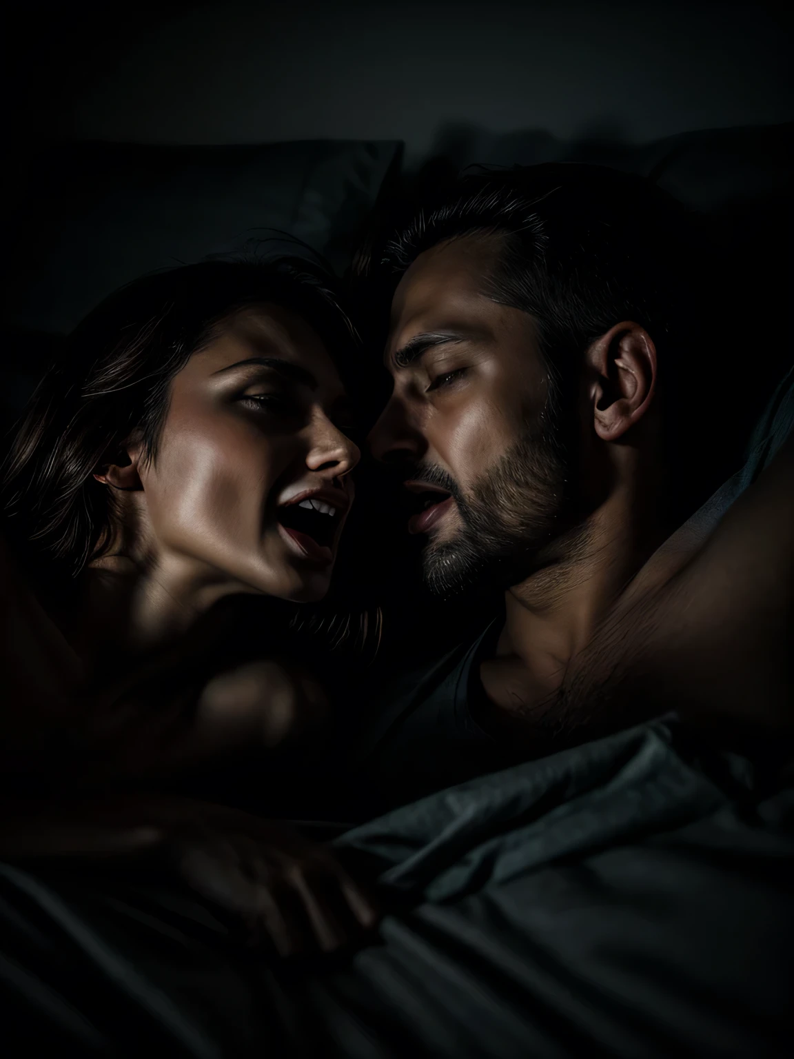 screaming man and woman holding each other lying on a bed in an intimate moment, wearing casual clothes, dark and sensual image, portrait style