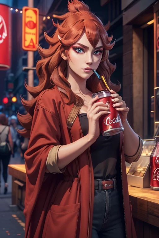 Beautiful modern fashion girl drinks Coca-Cola, cinematic style,8K resolution, soft lighting,super details of skin and hair texture, eyeballs,nase, mouth are realistic details,red hair all over body 