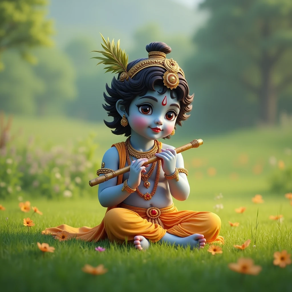 In 3D animation generate" Flowers blooming vibrantly in response to Krishna’s enchanting flute music.."