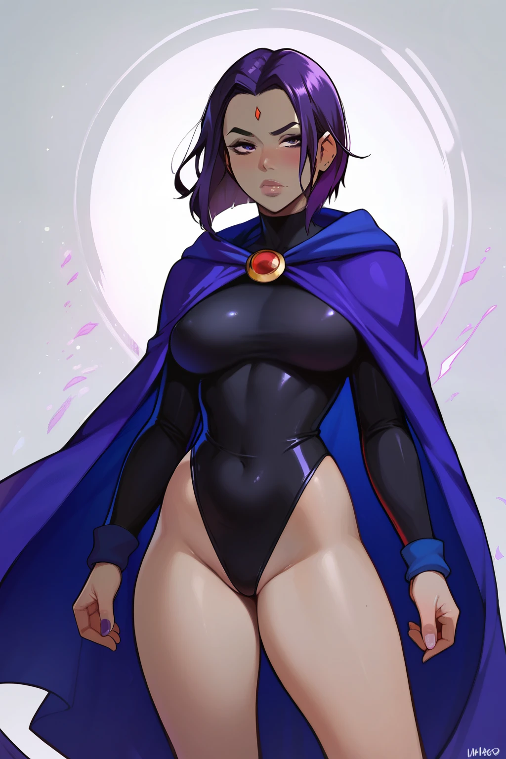 rachelroth, pruple hair, short hair, grey skin:1.3, purple cape, hood,abstract background, large breasts, squatting with spread legs, smile, open mouth, tongue out, high heels, nude, nipples, pussy, abstract background, hands behind head, armpits, hearts background