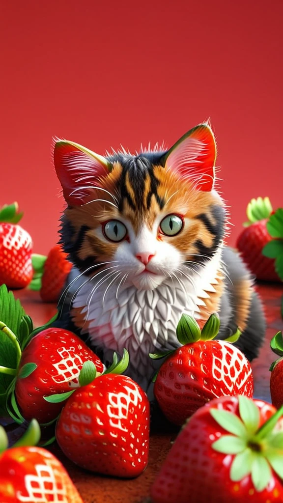 strwbrrxl, multi breed cat, detailed realistic close up of a  colourful strawberry shaped like a cat, sitting, eating strawberry, strawberry field background, natural light, strwbrrxl, High Resolution, Looking at viewer, HD, Super Detailed, Multiple Views, 3D Rendering, Hood, Abstract Expressionism, Accurate, 