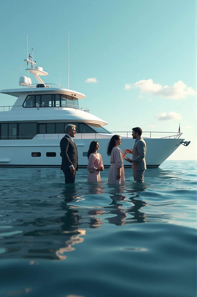 RAW photo, a portrait photo of 40 y.o white man and his lovely wife, formal beach clothes, standing in front of his luxury yacht party, natural skin, 8k uhd, high quality, film grain, Fujifilm XT3 ,beautiful symmetrical face, perfect sparkling eyes, well defined pupils, high contrast eyes, ultra detailed skin