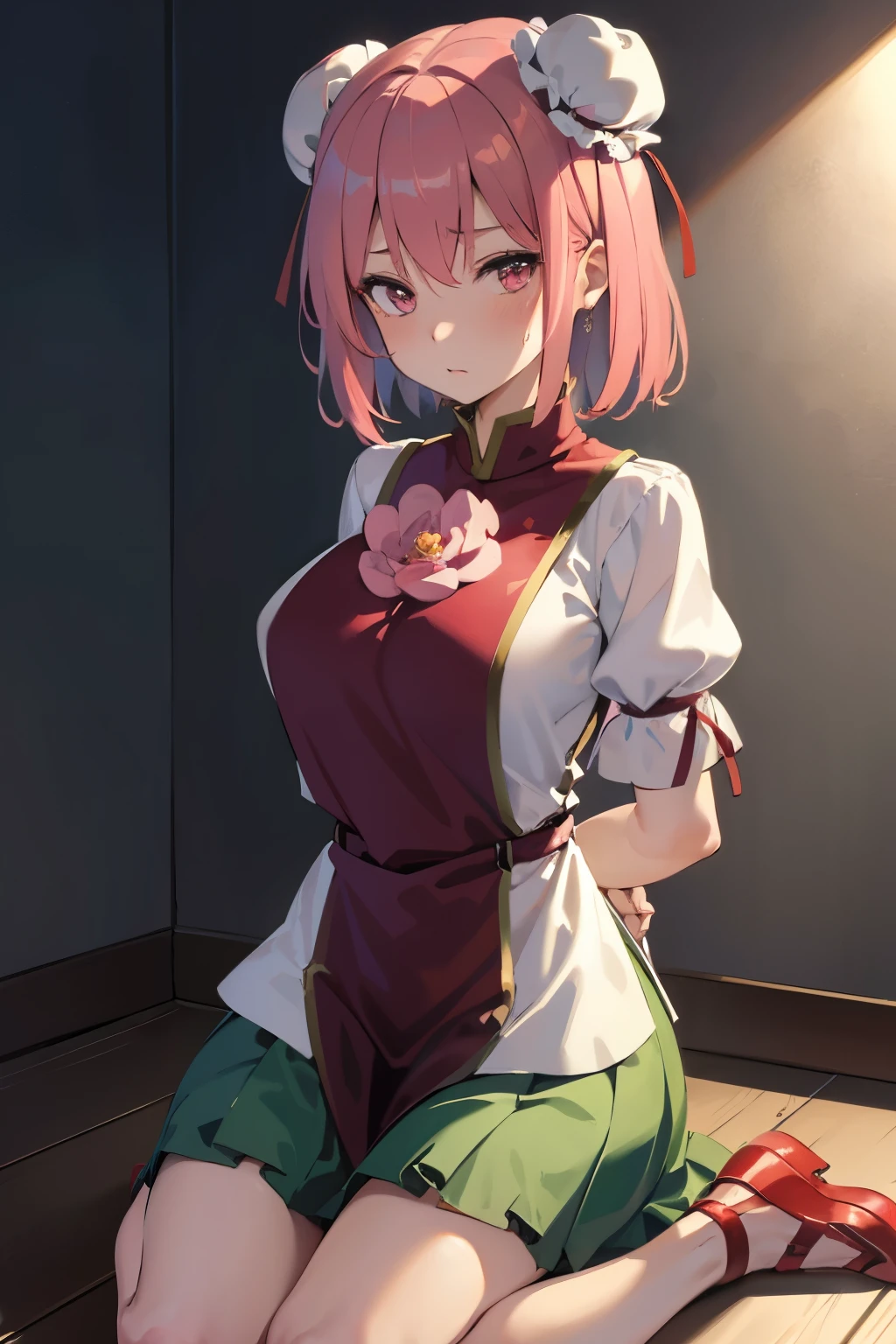 masutepiece, Best Quality, Kasen, Ibaraki, 1girl in, Solo, Double bun,  Pink hair,Short hair,Pink eyes, Flower Tabad,Bandage arm,bow ribbon, Green skirt,  Short sleeves, Puffy sleeves, chinese clothes, Shackles, chain, Shirt, (Best Quality, masutepiece:1.2), 超A high resolution, (((((hands tied behind))))), (((arms behind back))), ((large full breasts)), Exquisite details and textures, Dusty air, 1girl in, Detailed face, Solo, Looking at Viewer, Cowboy Shot, ((seiza)), Sitting on the knees, Shy, blush, full of sweat, Ultra Detail, Thighs together, Concrete floors, Concrete walls, in a basement, underground room, Indoors, Surreal, Insanely detailed, Detailed face, extremely detailed texture, (Shiny hair:1.05), (Shiny skin:0.97), (Big eyes:0.95),