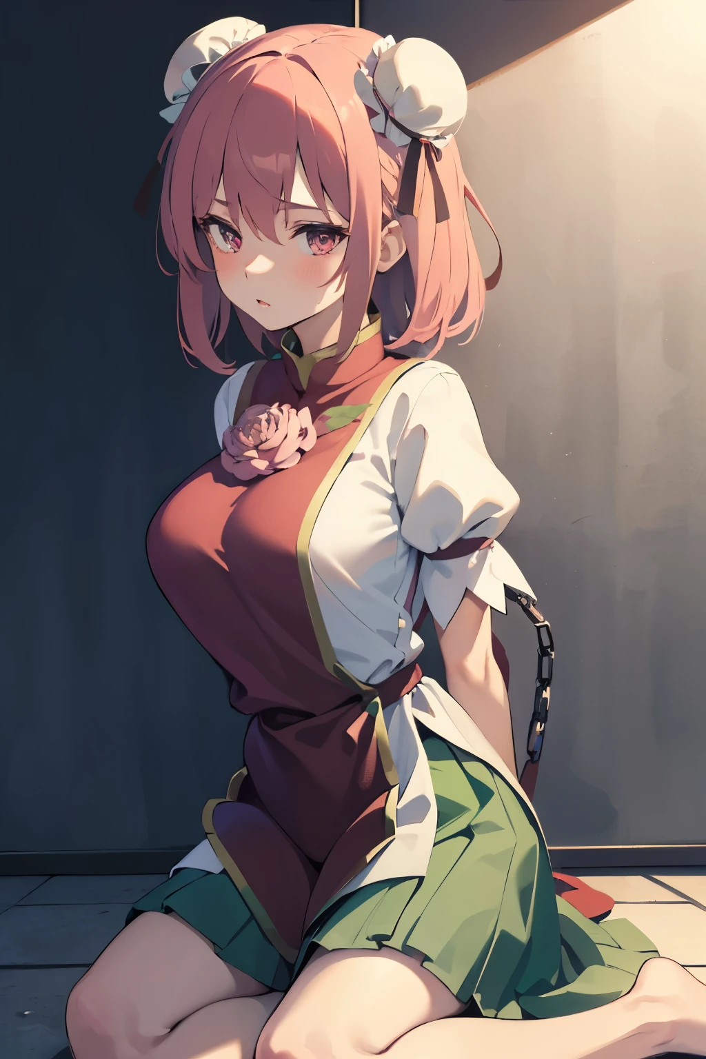 masutepiece, Best Quality, Kasen, Ibaraki, 1girl in, Solo, Double bun,  Pink hair,Short hair,Pink eyes, Flower Tabad,Bandage arm,bow ribbon, Green skirt,  Short sleeves, Puffy sleeves, chinese clothes, Shackles, chain, Shirt, (Best Quality, masutepiece:1.2), 超A high resolution, (((((hands tied behind))))), (((arms behind back))), ((large full breasts)), Exquisite details and textures, Dusty air, 1girl in, Detailed face, Solo, Looking at Viewer, Cowboy Shot, ((seiza)), Sitting on the knees, Shy, blush, full of sweat, Ultra Detail, Thighs together, Concrete floors, Concrete walls, in a basement, underground room, Indoors, Surreal, Insanely detailed, Detailed face, extremely detailed texture, (Shiny hair:1.05), (Shiny skin:0.97), (Big eyes:0.95),